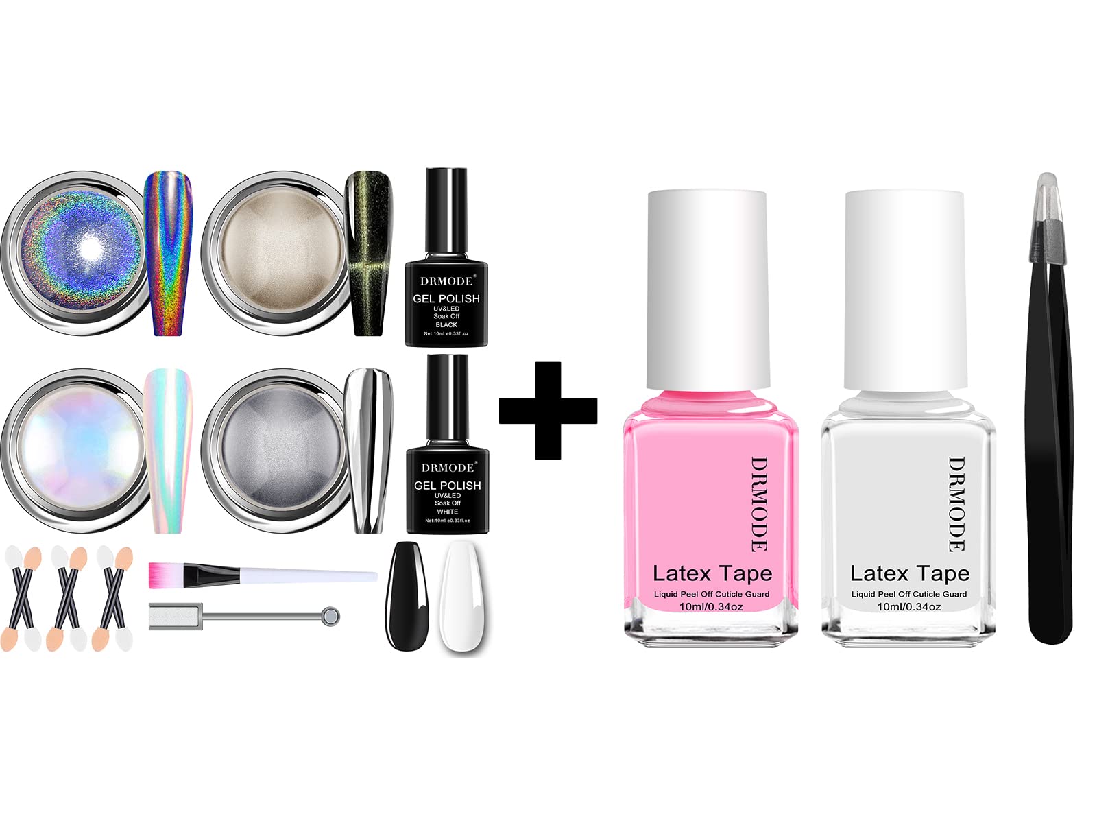 Chrome Nail Powder & Fast-Drying Liquid Latex - 20ml Peel Off Nail Polish with Holographic Aurora Mermaid Iridescent & Silver Metallic Mirror Effect Cat Eye Powder | Professional Nail Art Design for Manicures, Salon & Home Use