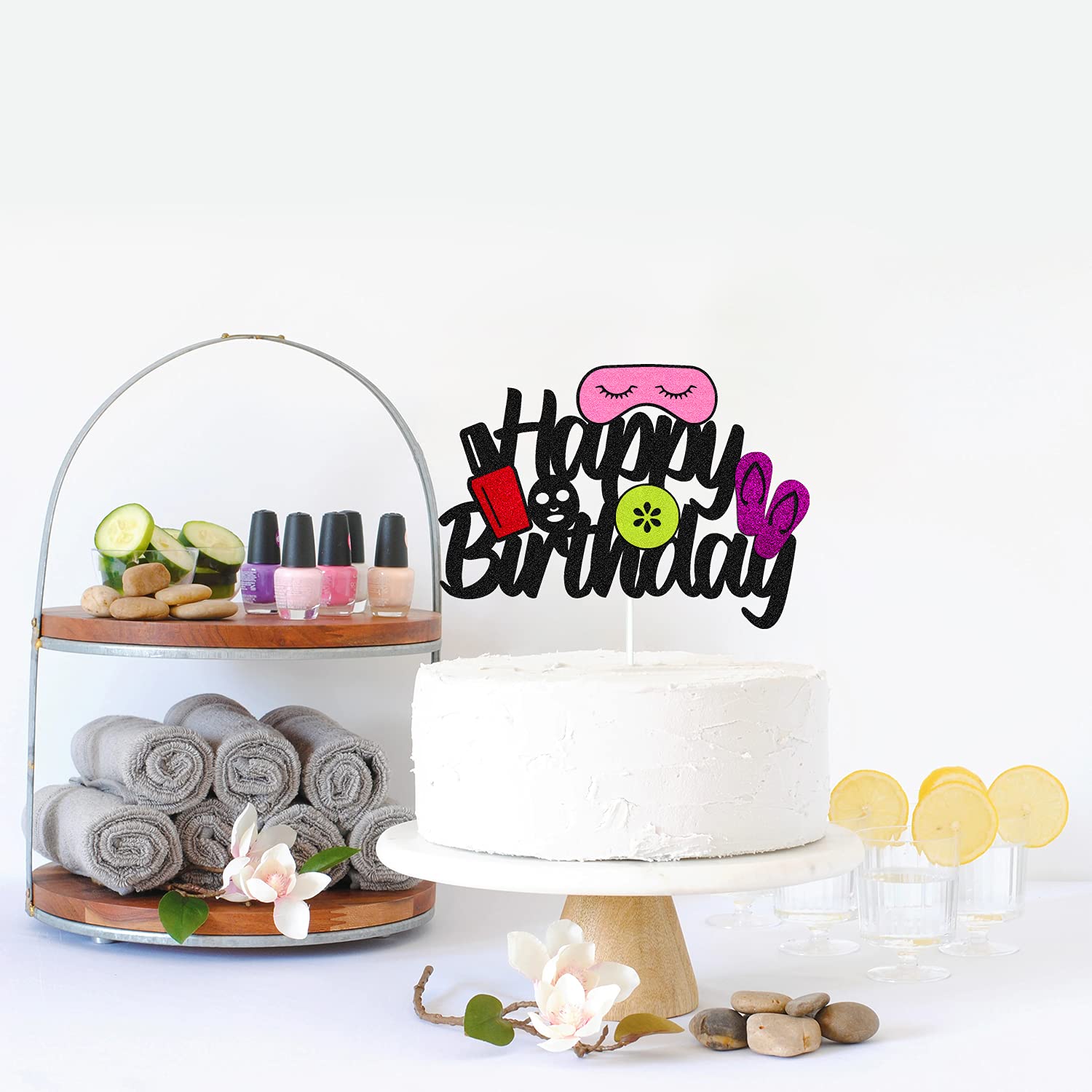 Spa Cake Topper for Birthday Party - Black Glitter Décor for Women's Spa Theme Celebration