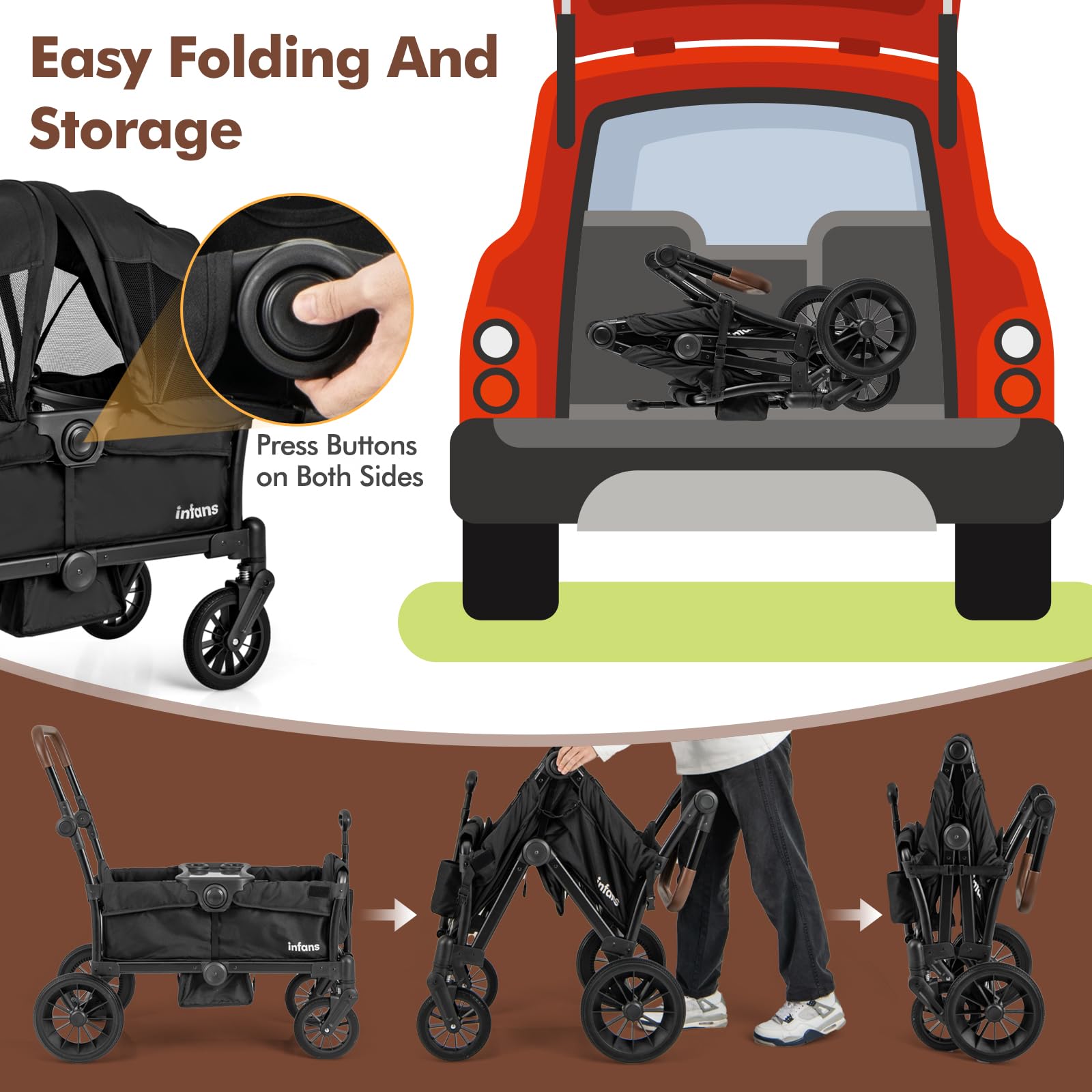 INFANS 2-in-1 Collapsible Stroller Wagon for Kids - Adjustable Push/Pull Handle, Removable Canopy & Snack Tray, Comfortable Upholstered Seats with Drop-Down Footwell - Perfect for Family Outings, Beach Trips and Park Adventures