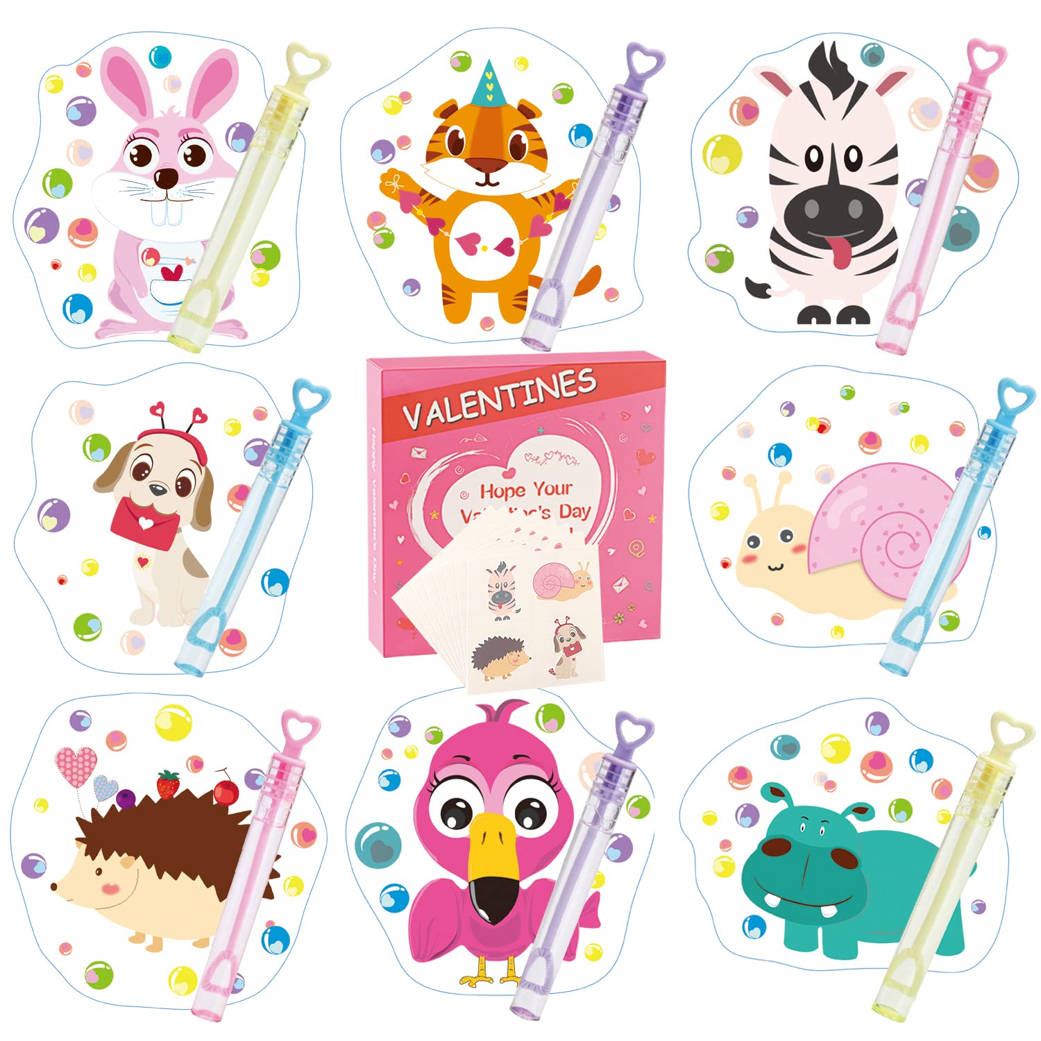 Valentine's Day Cards for Kids with 32 Bubble Wands - 8 Adorable Animal Designs, Classroom Valentines Gifts for School Exchange & Party Decorations | Perfect for Valentine's Day Celebrations, Classroom Activities & Kids' Parties
