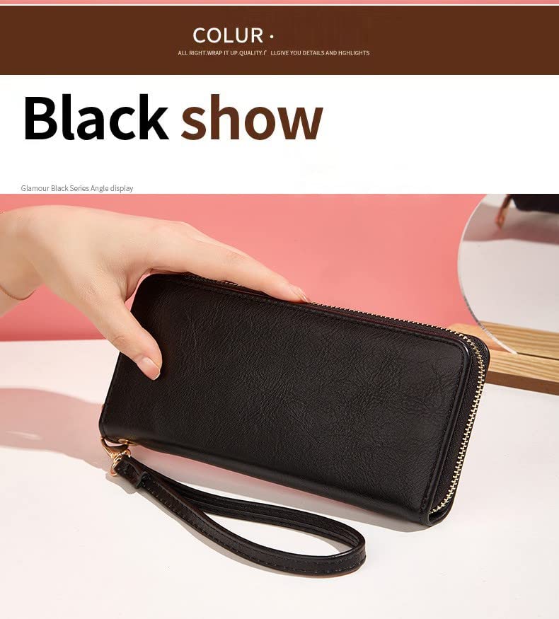 Women's Large Capacity PU Leather Zipper Wallet - Slim Long Clutch Purse with Card Holder & Coin Pocket (Black) | Perfect for Everyday Use, Travel & Business