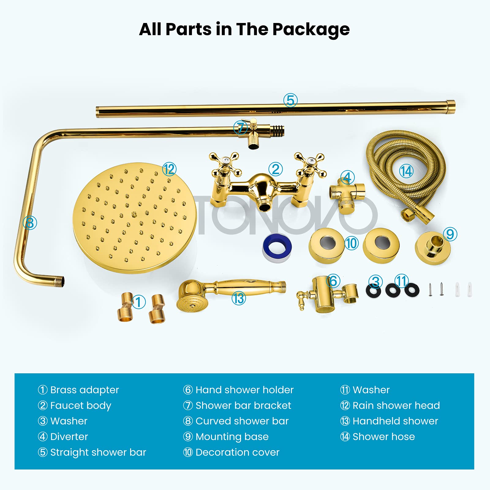 Gotonovo 8 Inch Rainfall Shower Faucet Set - Polished Gold Wall Mount Bathroom Shower System with Handheld Showerhead and Cross Handle, 2 Function Water Spray Modes - Perfect for Modern Bathroom Renovation and Spa-Like Shower Experience