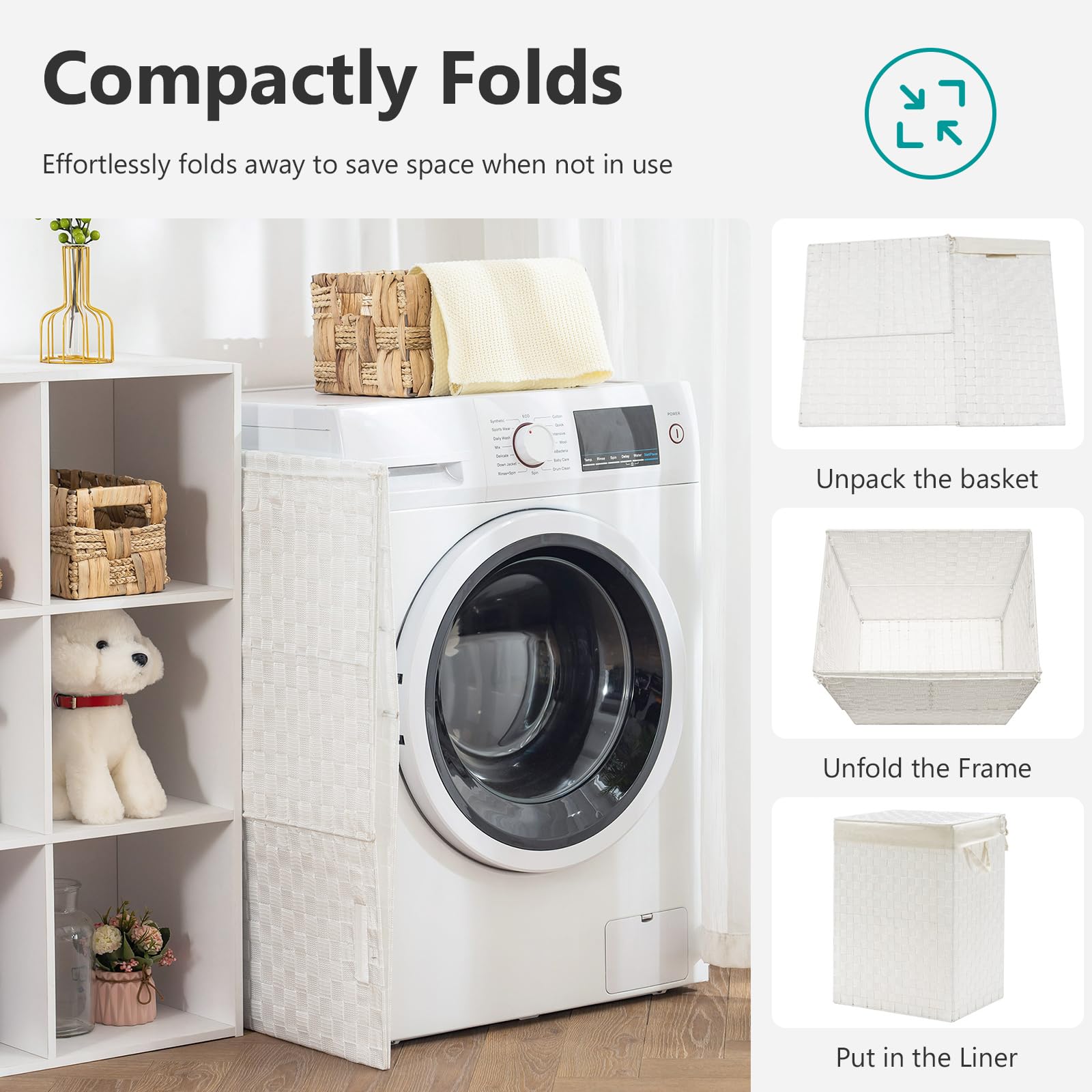 Fiona's Magic Handwoven 96L Large Laundry Hamper with Lid & Removable Liner Bags - Collapsible Tall Clothes Basket for Bedroom, Bathroom & Dorm Organization - Grey - Perfect for Small Spaces & Laundry Room Storage