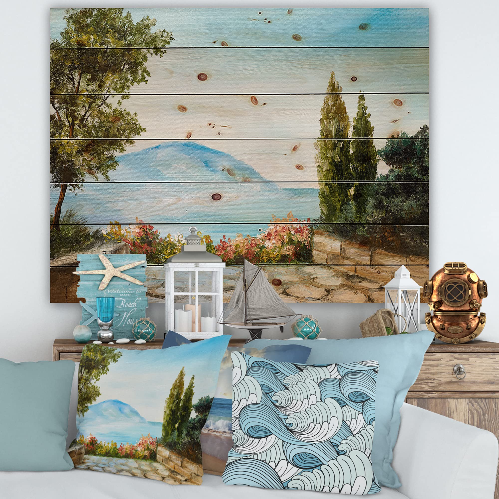 Coastal Wood Wall Art - Nautical Beach Decor, Blue Wooden Wall Panels Printed on Natural Pine, Large Sea-Themed Home Decoration | Perfect for Living Room, Bedroom & Beach House Decor