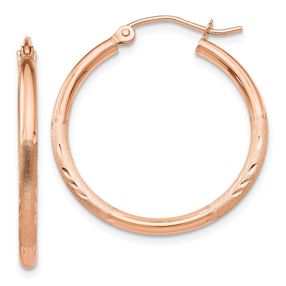 14K Rose Gold Diamond-Cut Hoop Earrings 25mm - Brushed Matte Finish Dainty Huggie Hoops for Women, Perfect for Everyday Wear, Date Nights & Special Occasions