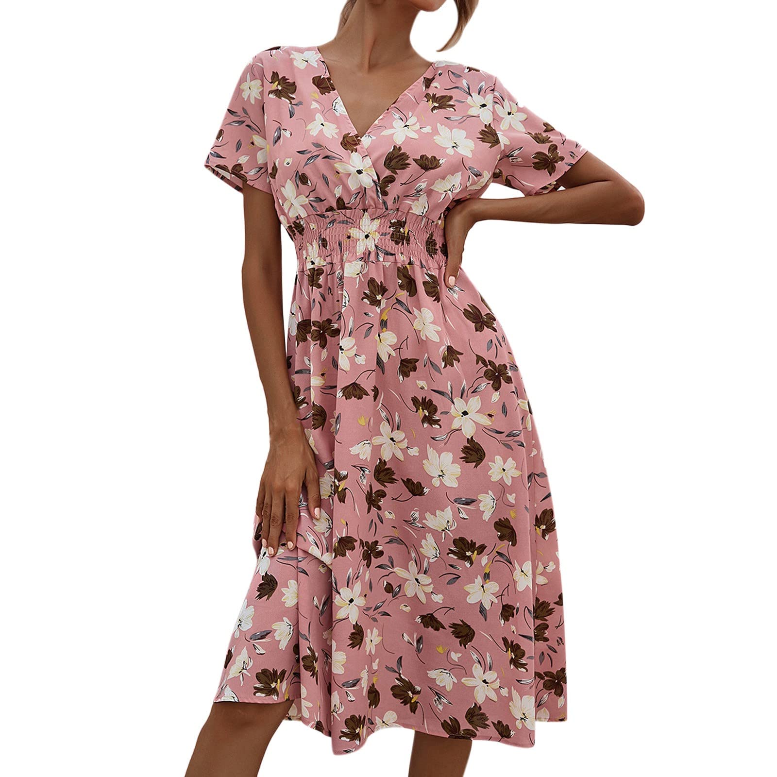 Elegant Floral Print V-Neck A-Line Dress for Women - Casual Short Sleeve Sexy Beach Dress with Long Robe Style - Perfect for Summer Outings, Vacations, and Date Nights