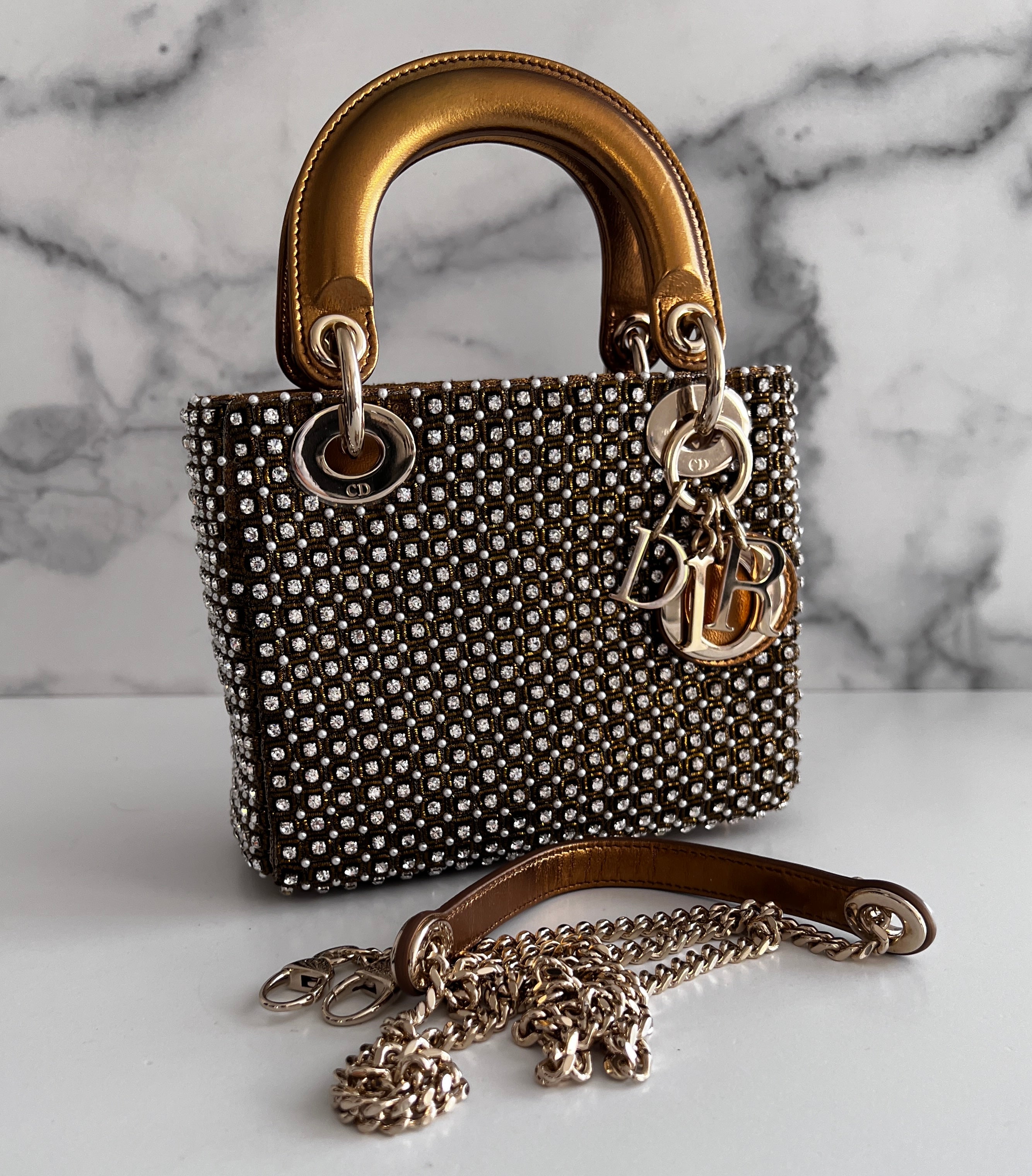 Dior Mini Lady Dior Bag with Pearl & Diamond Accents - Elegant Luxury Crossbody Purse for Women, Perfect for Evening Parties, Weddings & Special Occasions