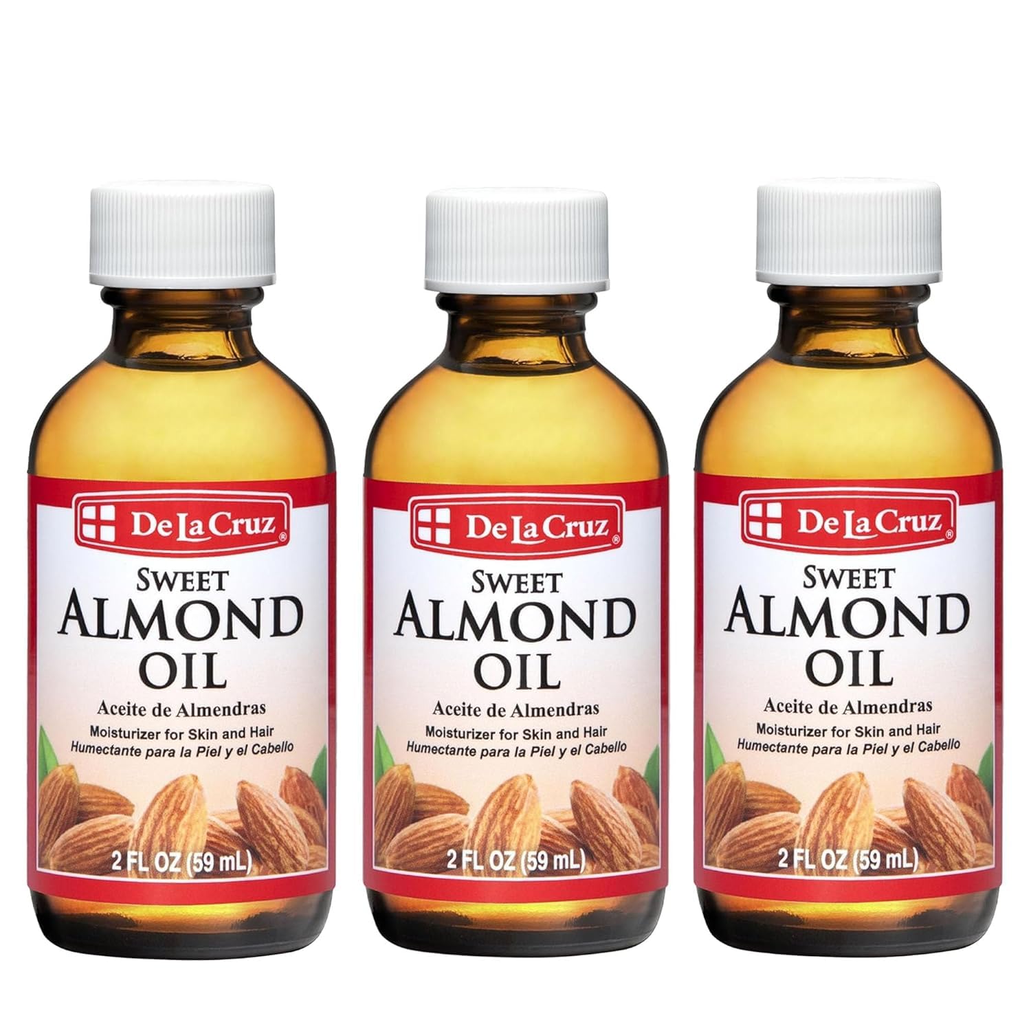 De La Cruz Sweet Almond Oil for Hair & Skin - Natural Moisturizer, 3-Pack of 2 Fl Oz Glass Bottles - Perfect for Dry Scalp, Face Care & Massage Therapy