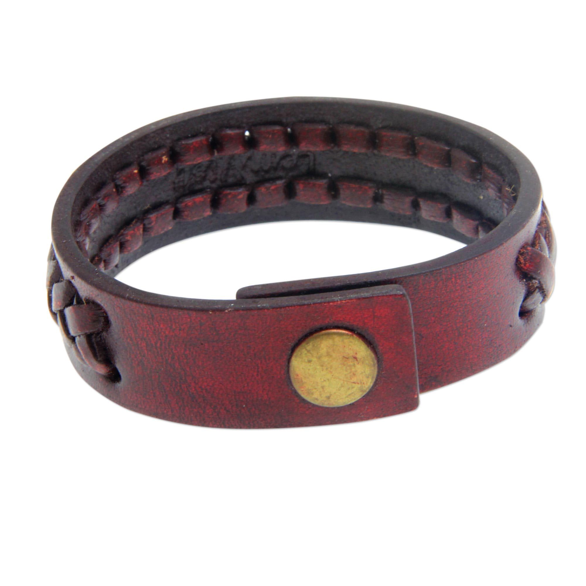 Handmade Genuine Leather Bracelet for Men & Women - Red Warrior Design - 7.25 Inch Adjustable Wristband - Indonesian Artisan Crafted - Boho Chic Jewelry for Casual Wear, Gift Giving & Festival Fashion