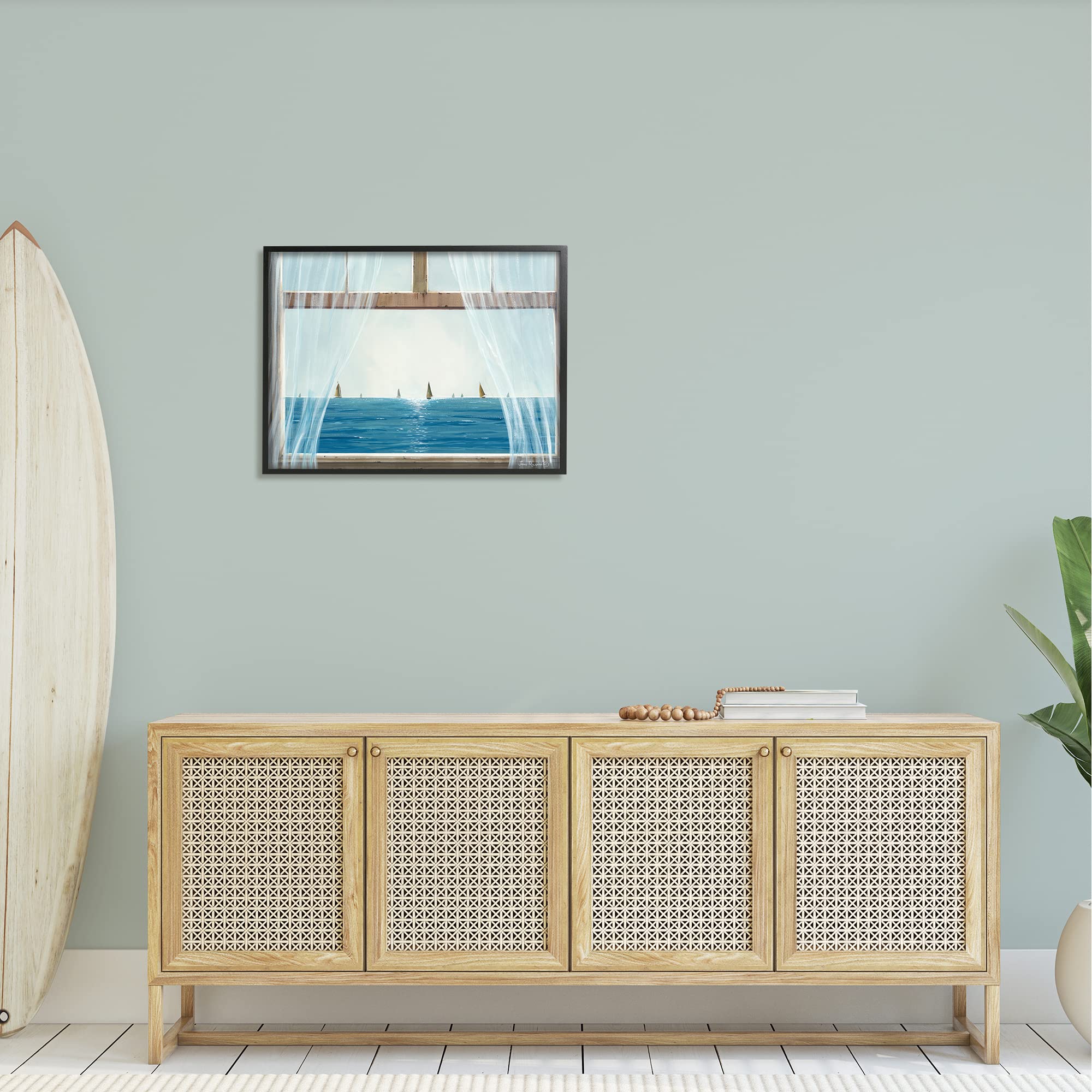 Stupell Industries Serene Beach House Window View Sailboats Ocean Canvas Wall Art - Coastal Decor by John Rossini - Perfect for Living Room, Bedroom & Beach House Decor