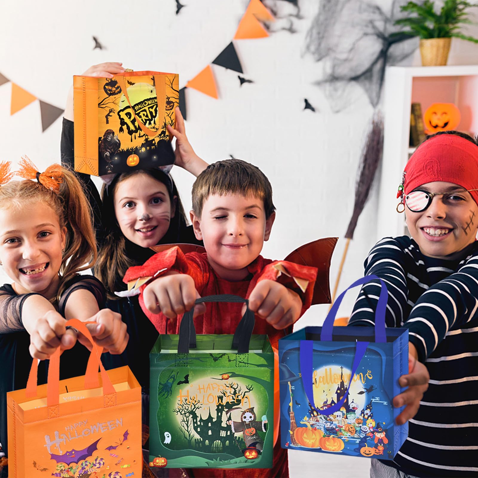 AhfuLife 8 Pack Halloween Trick or Treat Bags - Reusable Non-Woven Candy Tote Bags with Handles for Kids Party Favors & Halloween Supplies (7.8x7.8x3.1 Inches) - Perfect for Trick-or-Treating, Classroom Parties & Halloween Goodie Bags