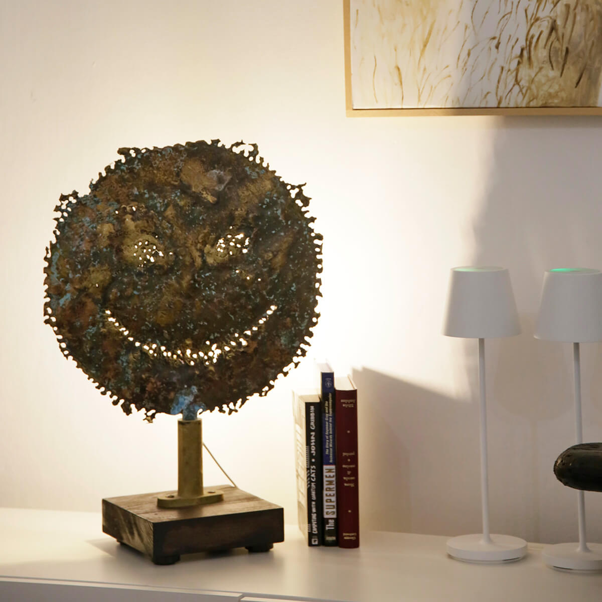 Trippy Tortured Brass Emoticon on Wooden Base - Unique Home Decor & Conversation Piece for Living Room, Office, or Gift Giving