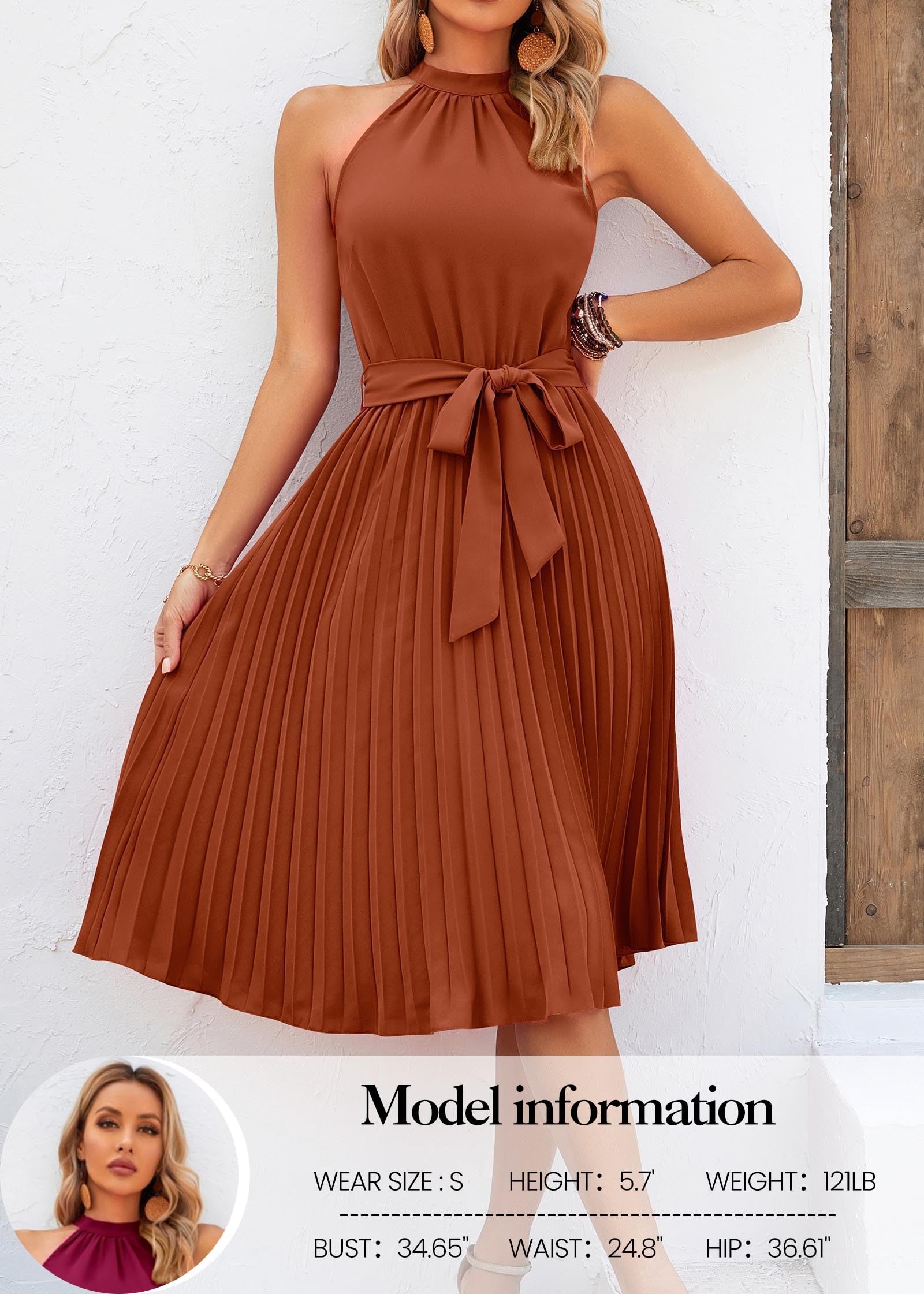 KIRUNDO Women's 2025 Summer Sleeveless Halter Neck Pleated Midi Cocktail Dress with Belt - A-Line Flowy Beach Sun Dress for Parties, Vacations & Outdoor Events