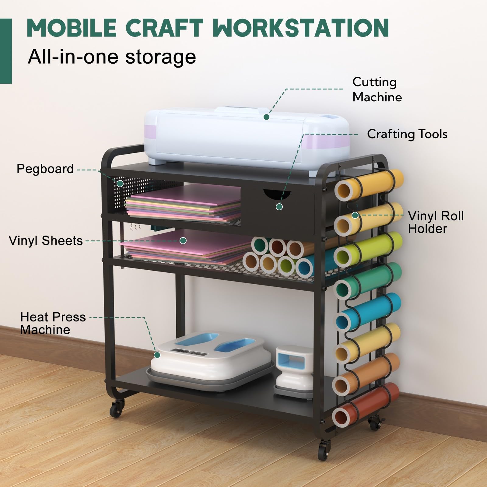 Cricut Compatible Craft Cart with DIY Pegboard & Vinyl Roll Holder - Rolling Craft Organizer & Storage Cabinet for Scrapbooking, DIY Projects, and Home Office Workstation - Perfect for Craft Rooms, Workshops, and Mobile Crafting Stations