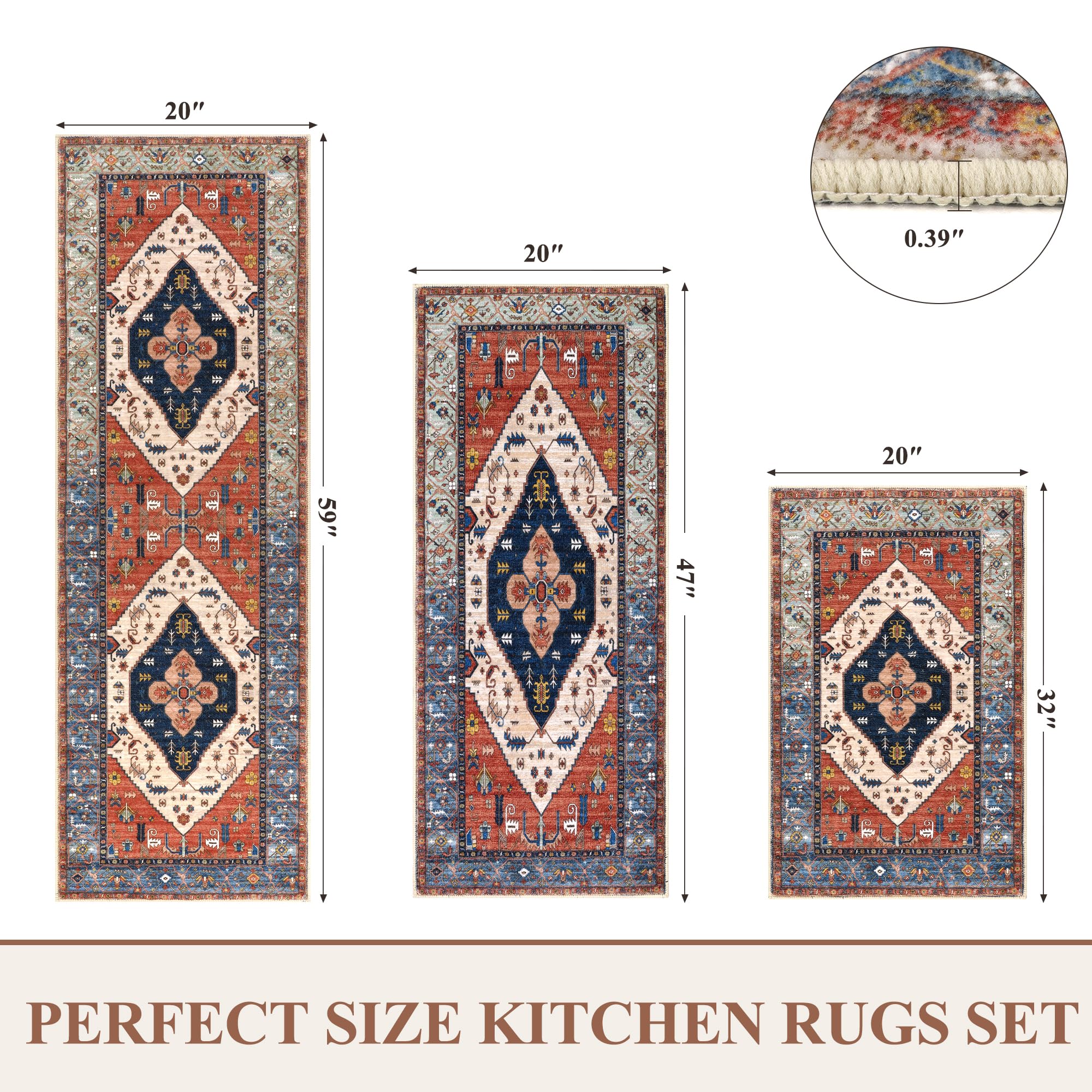 Pauwer Non-Slip Washable Kitchen Rugs Set of 3 - Farmhouse Boho Style Floor Mats for Kitchen, Sink, Hallway & Laundry Room | Rust Color | Perfect for High-Traffic Areas & Spill-Prone Spaces