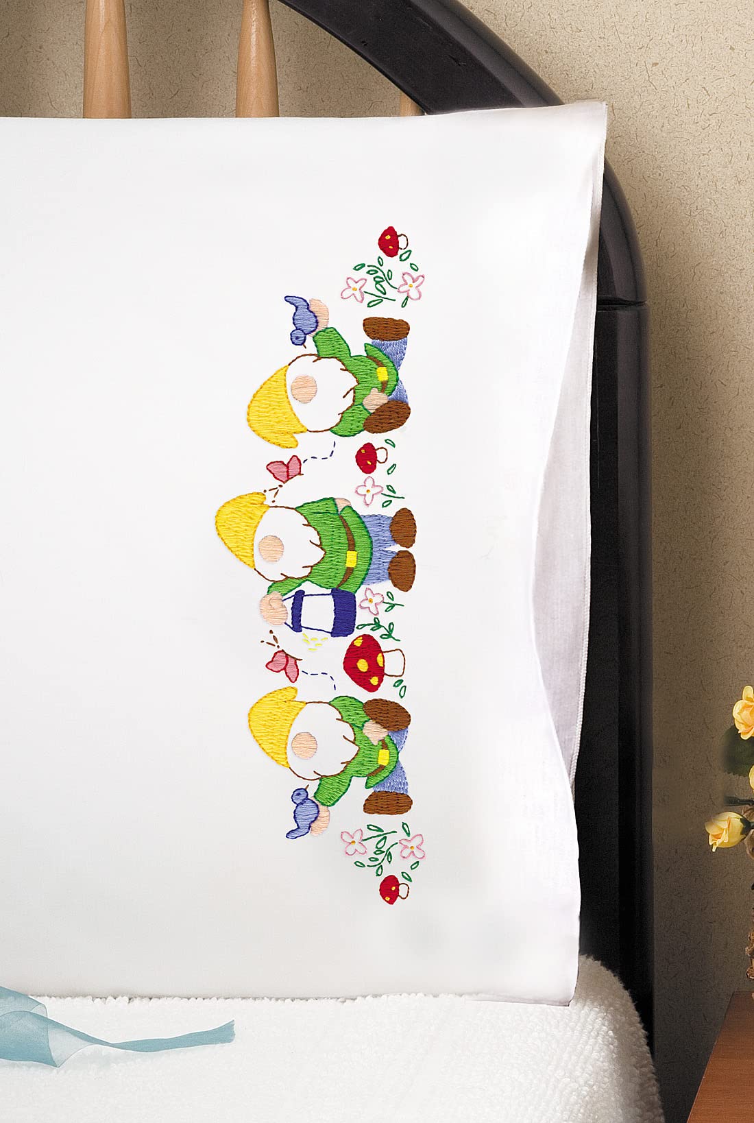 Tobin Gnomes Embroidery Stamped Pillowcases - White | Perfect for DIY Embroidery Projects, Home Decor, and Gift Giving