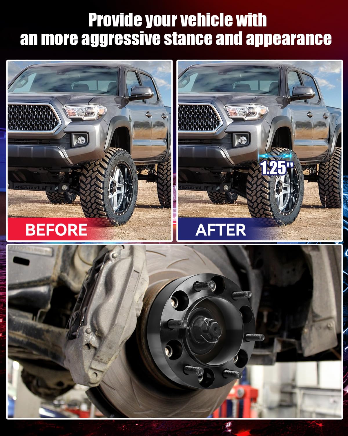 **6x5.5 Hubcentric Wheel Spacers 1.25 Inch (106mm Bore) – Compatible with 1995-2023 Toyota Tacoma, 4Runner, Tundra, FJ Cruiser, Fortuner, Sequoia, GX460, GX470 – Forged Aluminum with Extended Lug Nuts (6x139.7mm, 12x1.5 Studs) – Enhance Off-Road Performance & Stance**    *(Perfect for Lifted Trucks, Off-Road Adventures, and Custom Wheel Fitment)*