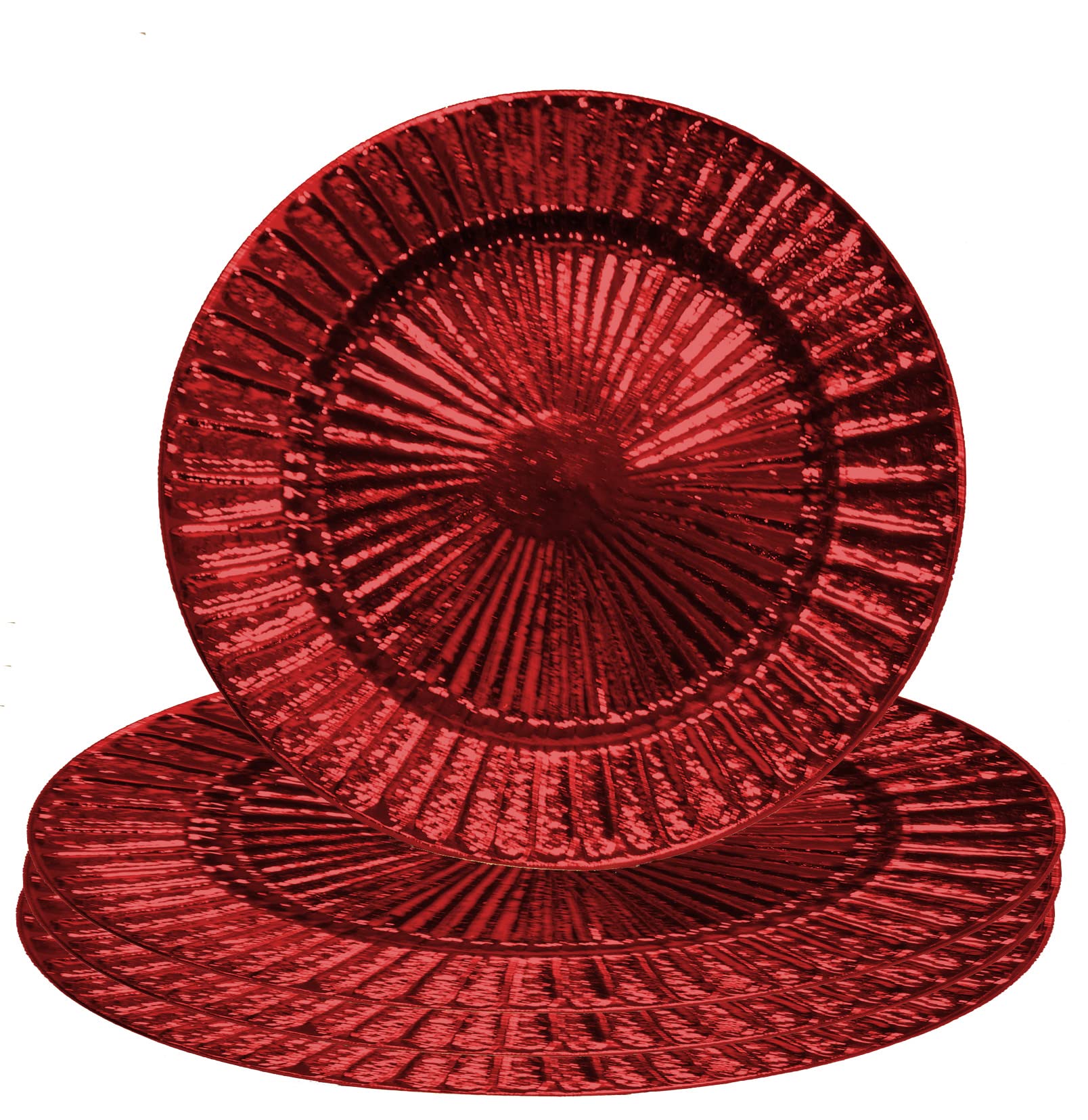 Gilbins 13-Inch Round Plastic Reef Charger Plates - Set of 4 Red Decorative Charger Plates for Weddings, Holidays & Party Table Decor | Perfect for Christmas Dinner, Thanksgiving Buffet & Formal Events