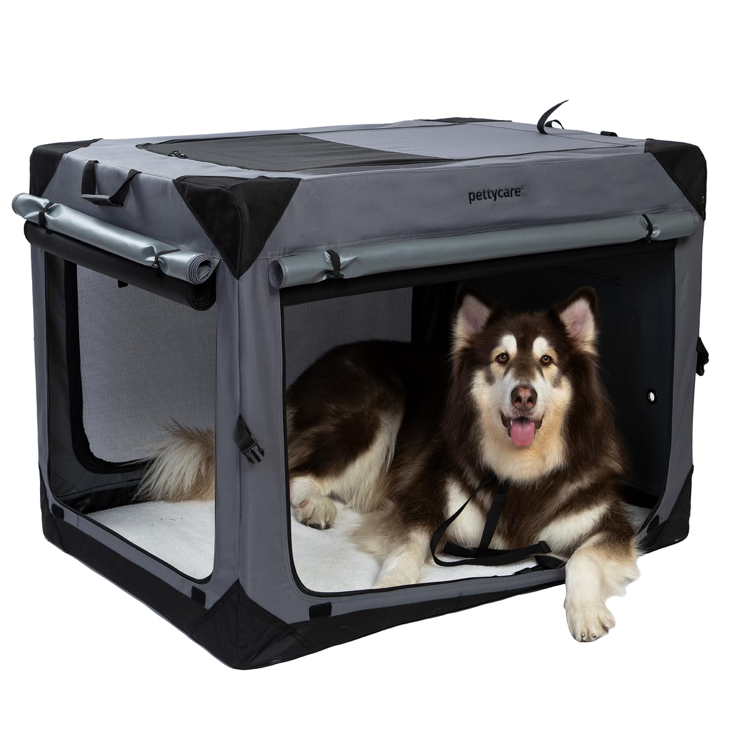 42 Inch Collapsible Dog Crate with 4 Door Curtains - Portable Soft Pet Kennel for Travel, Chew Proof Mesh for Indoor & Outdoor Use - Grey (Includes Carry Bag) - Perfect for Car Trips, Camping & Home Comfort