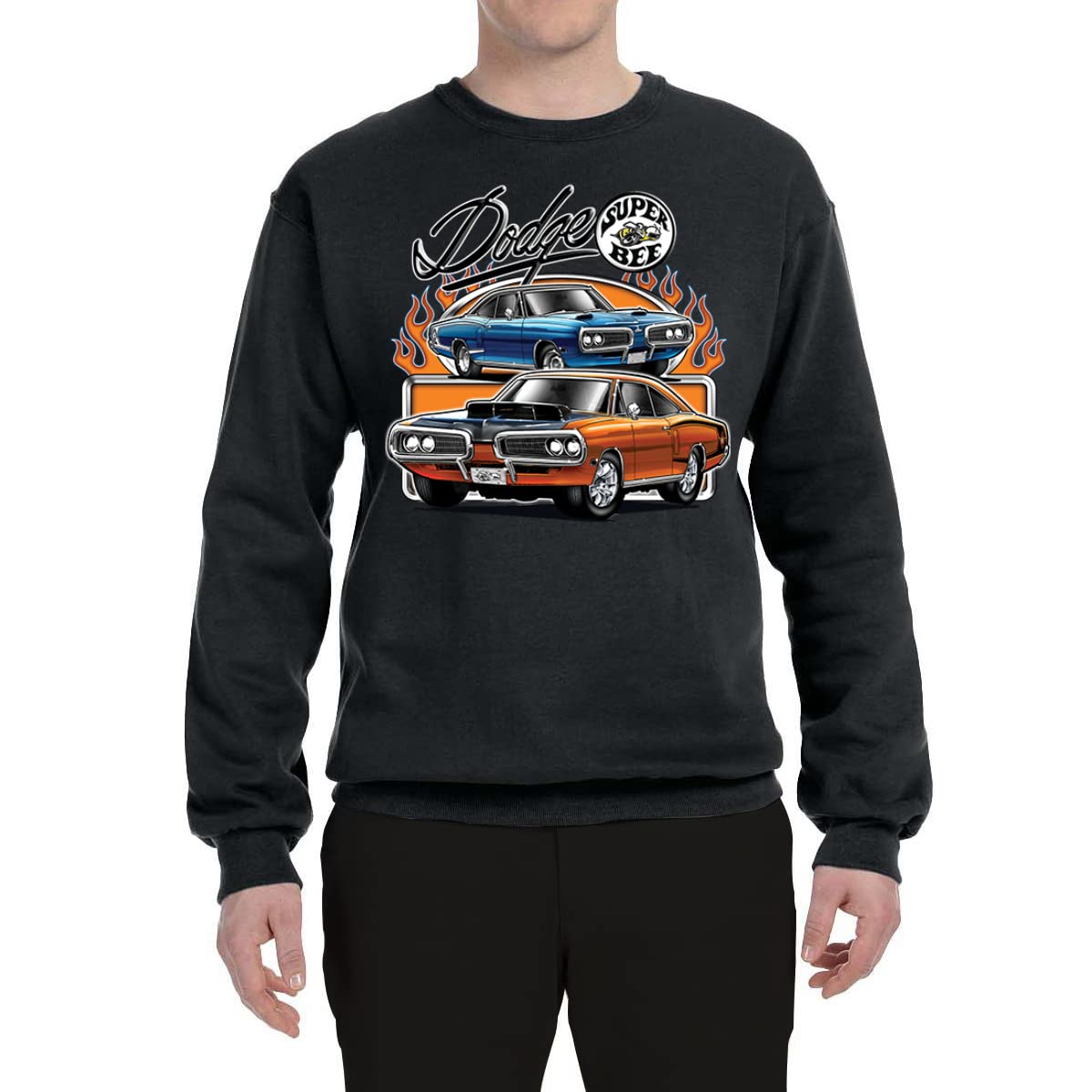 Wild Bobby Flaming Dodge Super Bee Muscle Car Graphic Sweatshirt - Unisex Crewneck Pullover for Car Enthusiasts & Vintage Auto Lovers - Perfect for Casual Wear, Car Shows, and Gifts