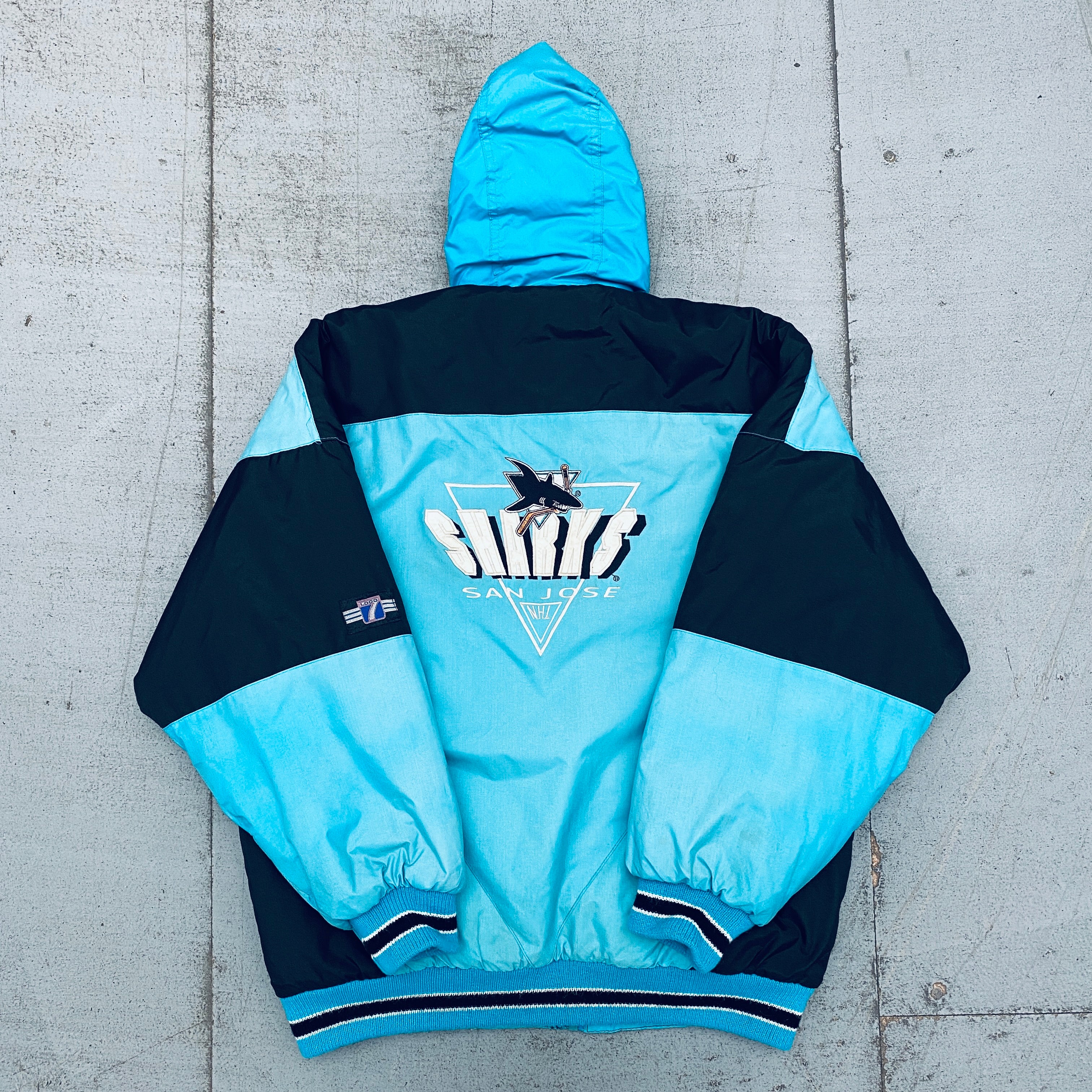 San Jose Sharks 1990s Vintage Logo Full-Zip Hooded Jacket - Men's S - Retro NHL Hockey Fan Gear for Game Day & Casual Wear