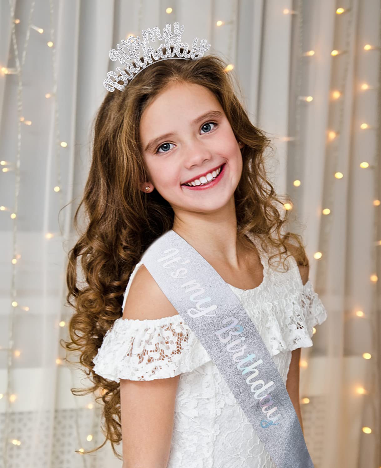Girls Birthday Crown Set - Cute Birthday Tiara & Sash for Women, Silver Princess Headband - Perfect for Birthday Parties, Photo Shoots & Special Celebrations