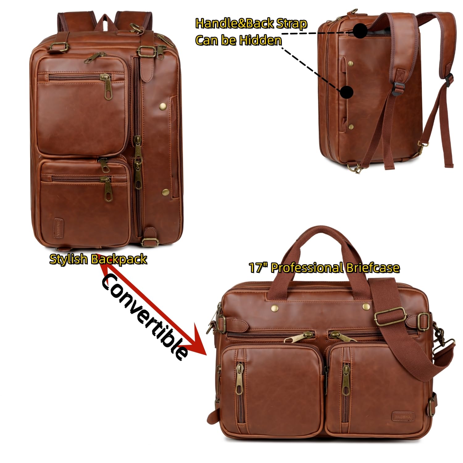 Premium Leather Laptop Briefcase & Backpack Hybrid - 17 Inch Vintage Business Bag for Men, Large Travel Carry On Backpack (Brown) HB-22 | Perfect for Office Commute, Business Trips & College Use