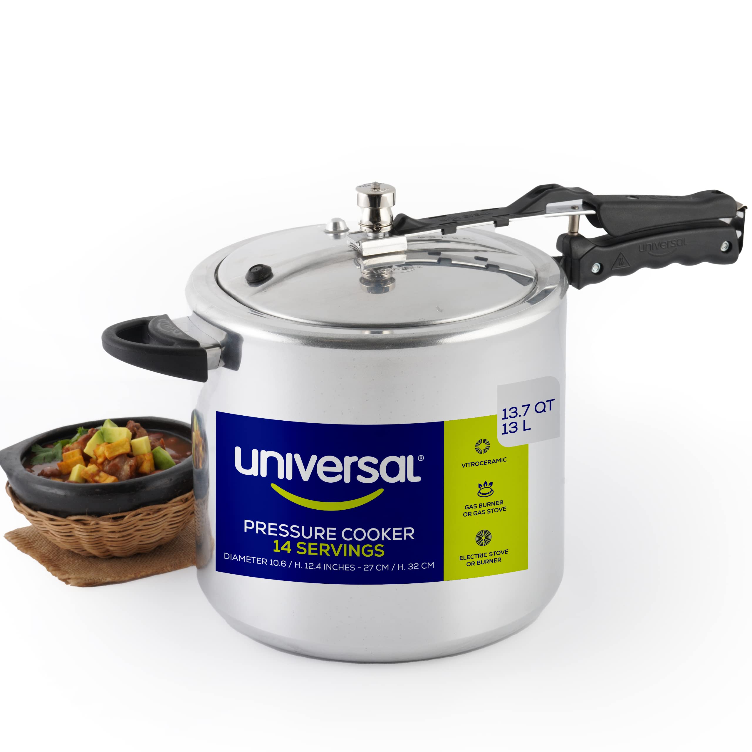13.7 Quart Universal Pressure Cooker - 14 Servings, Aluminum with Multiple Safety Systems & Heat-Resistant Handles - Perfect for Stews, Soups, Meat, Beans - Ideal for Family Dinners, Meal Prep & Camping Cooking