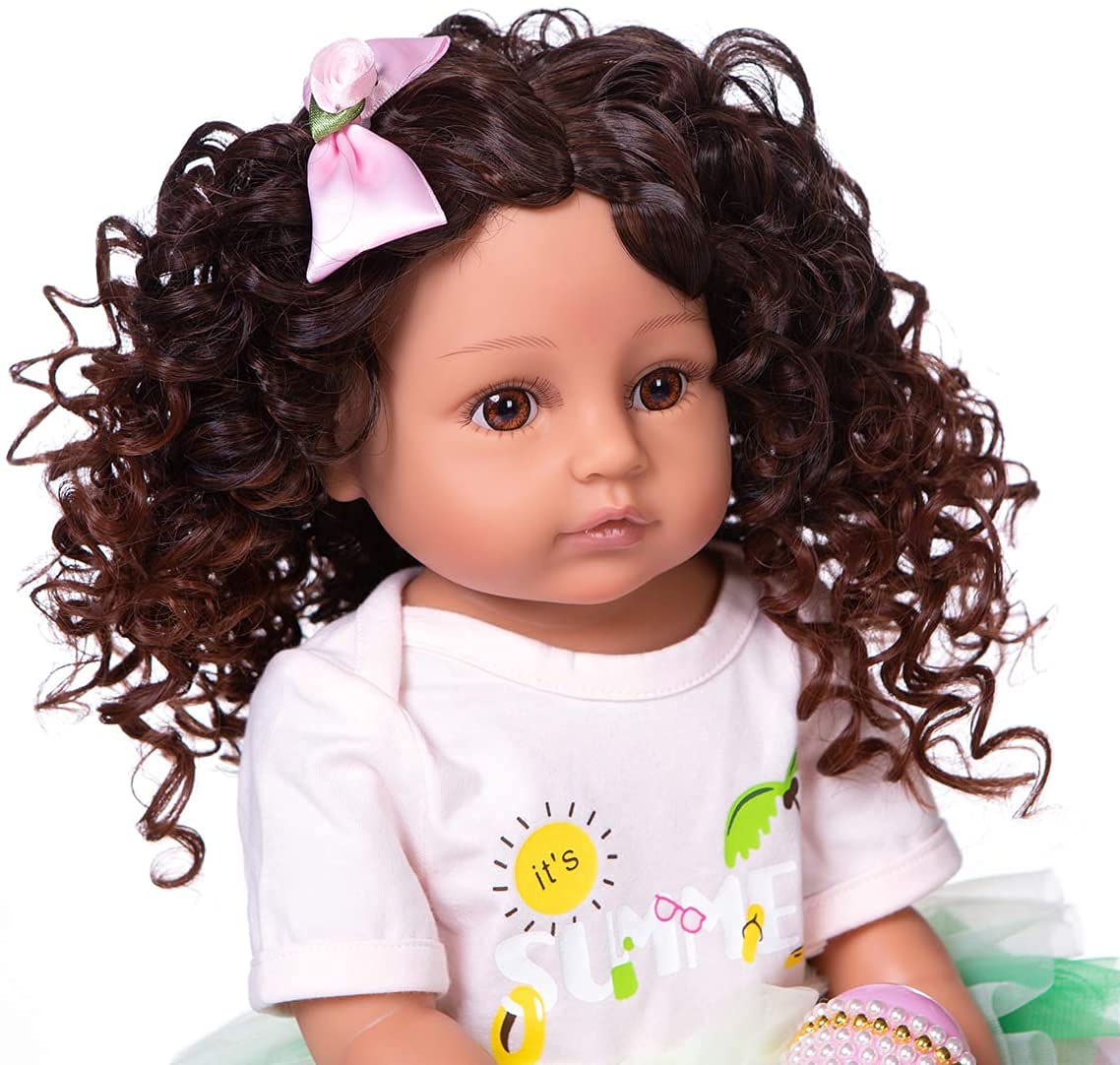 Realistic Reborn Baby Doll - Lifelike Full Silicone Body Toddler Doll with Curly Hair (Green Dress) - Perfect for Collectors, Gift Giving & Therapy Use