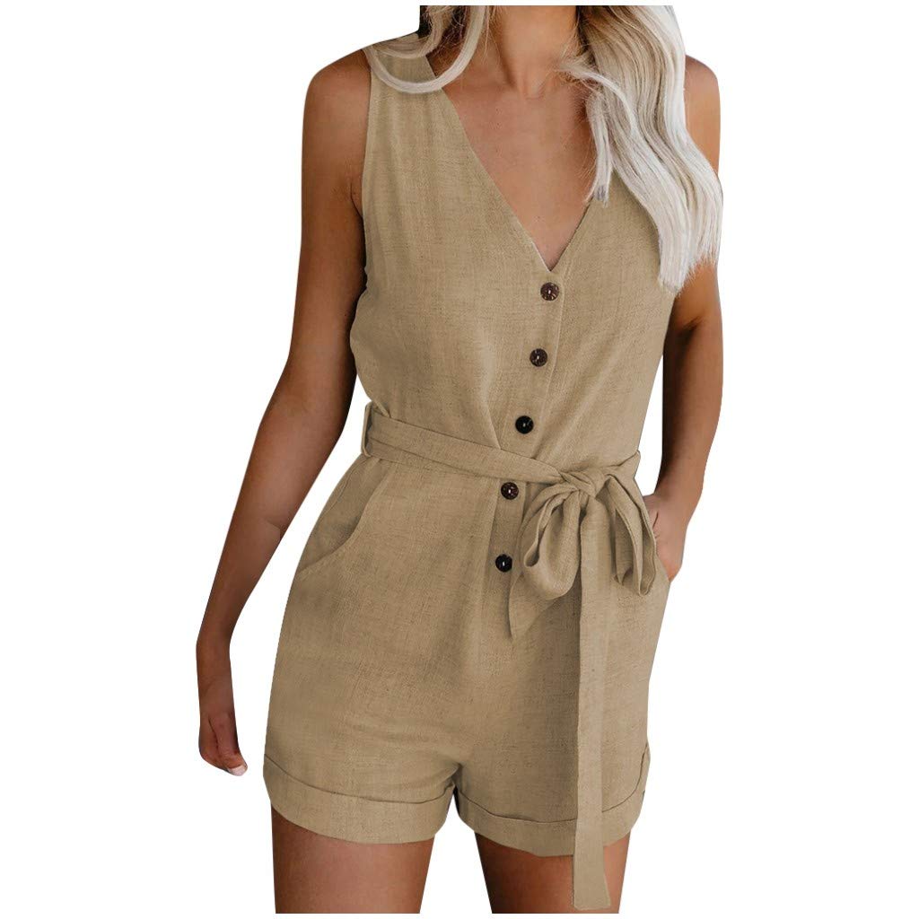 Tlzadwei Women's Casual V-Neck Sleeveless Jumpsuit with Bow & Pockets - Summer Wide Leg Short Romper for Beach, Vacation & Outdoor Activities