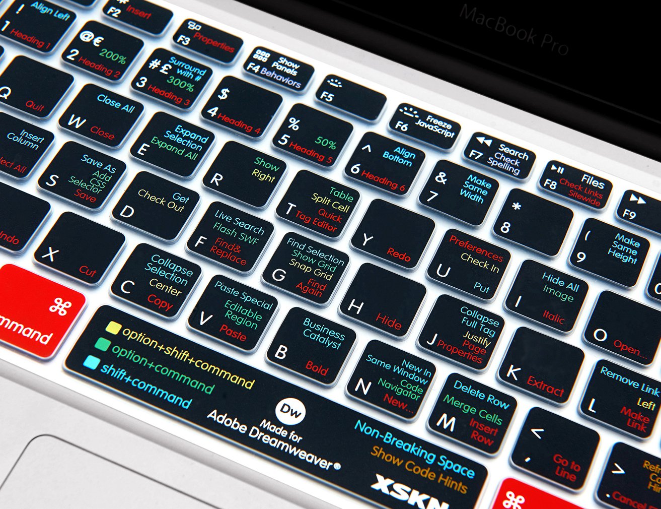 XSKN Adobe Dreamweaver Shortcuts Keyboard Cover for MacBook - Hot Keys Skin Compatible with MacBook Air 13 & MacBook Pro 13/15/17 (US/European ISO Layout) - Perfect for Web Designers & Developers