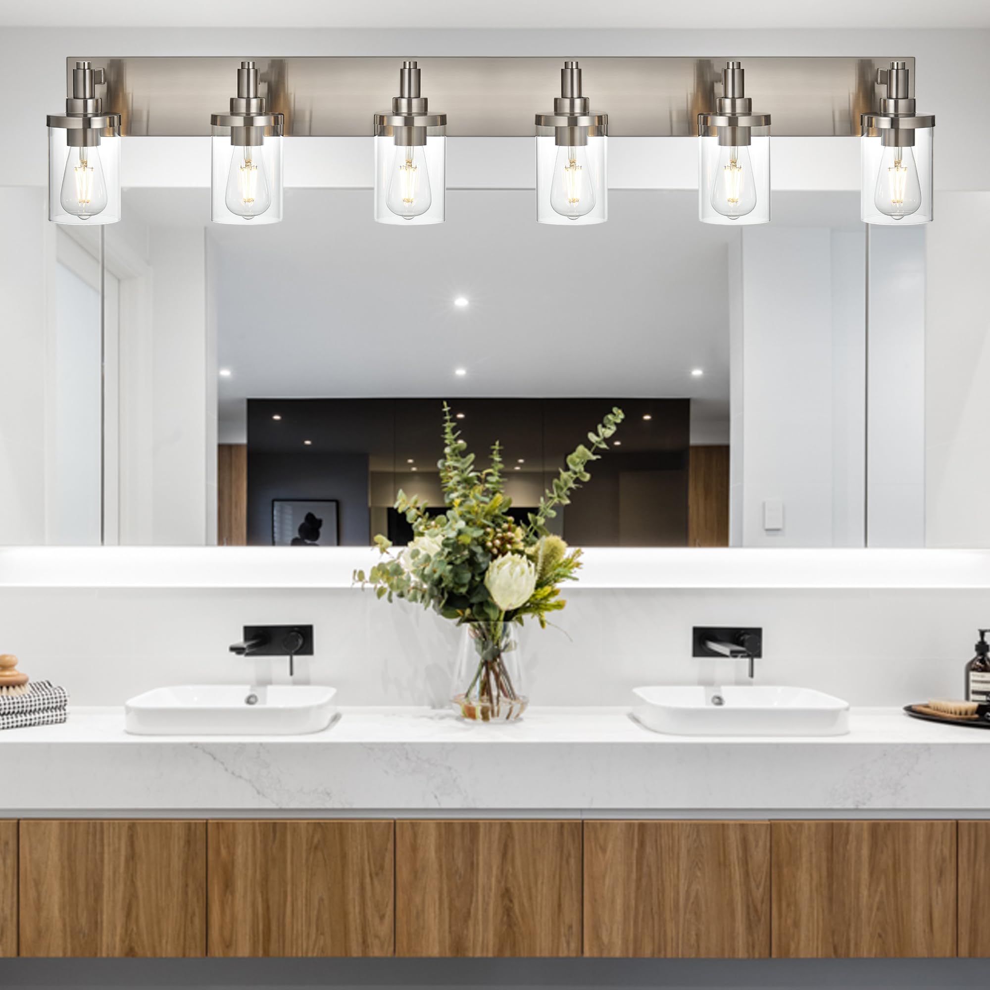 6-Light Modern Vanity Light Fixture - Brushed Nickel Bathroom Lighting with Clear Glass Sconces - Perfect for Mirror, Bedroom, Kitchen, Corridor & Staircase Lighting