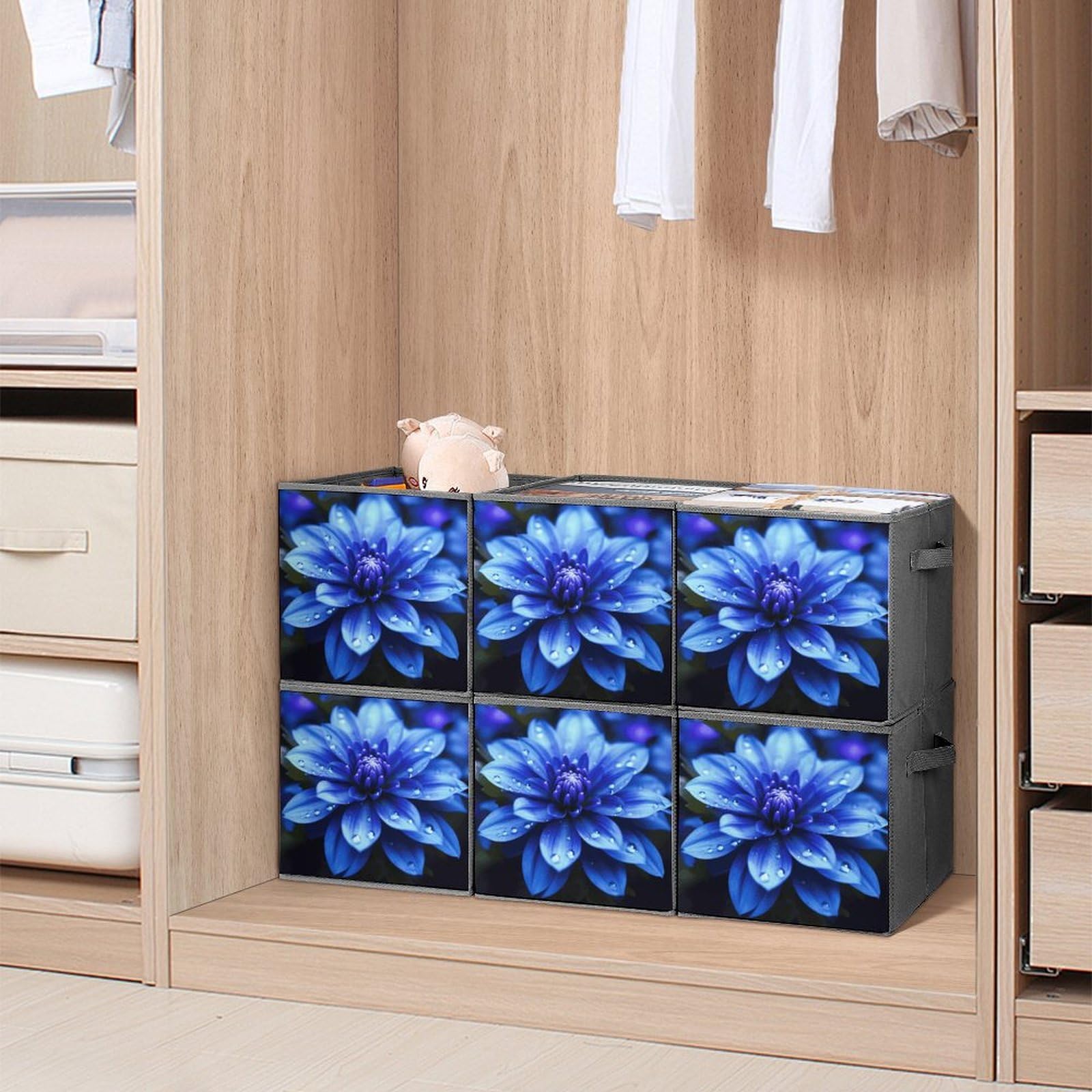 6-Piece Collapsible Storage Bins with Handles - Blue Floral Printed Foldable Organizing Baskets for Home, Closet, Shelves & Office | Space-Saving Storage Solutions for Toys, Books & Household Items