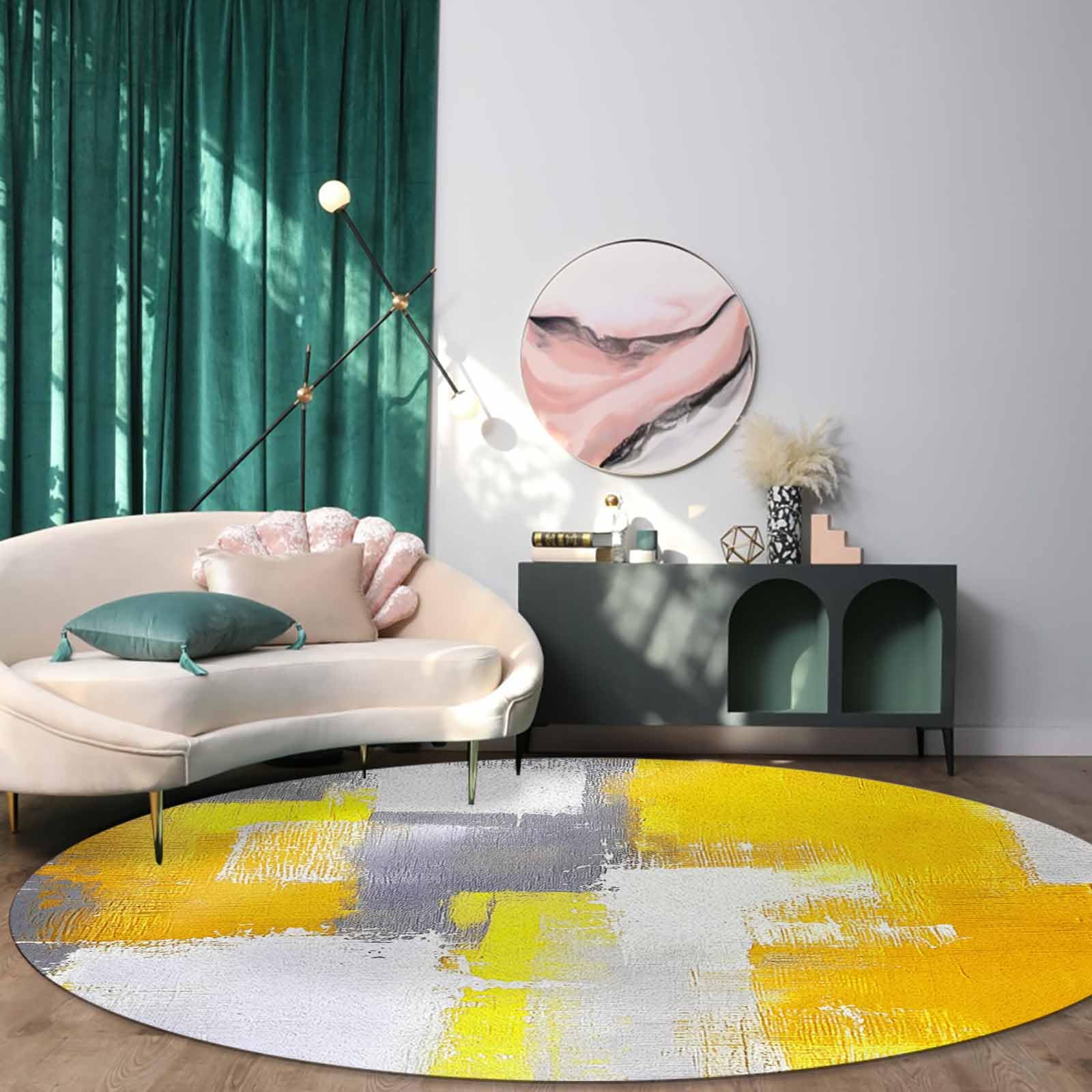 6 ft Yellow Round Abstract Modern Contemporary Area Rug - Non-Slip Floor Mat for Living Room, Playroom, Yoga & Home Decor - Soft Carpet for Boys & Girls