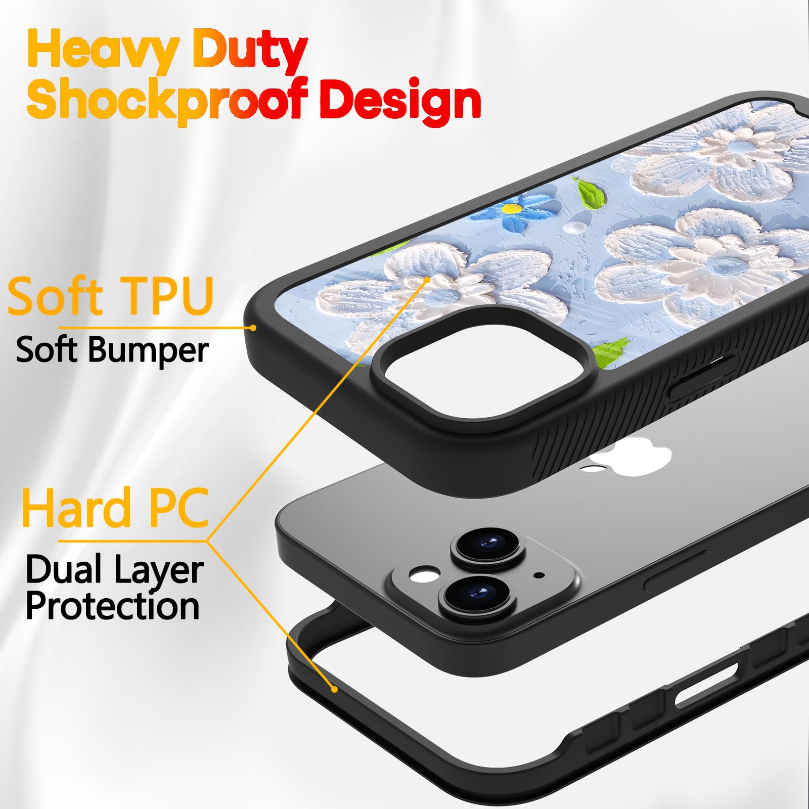 DOWINTIGER Heavy Duty Shockproof iPhone 14/13 Case for Women - Blue Oil Painting Floral Design, Dual Layer Rugged Protective Cover with Full Body Protection | Perfect for Outdoor Activities, Work & Daily Use