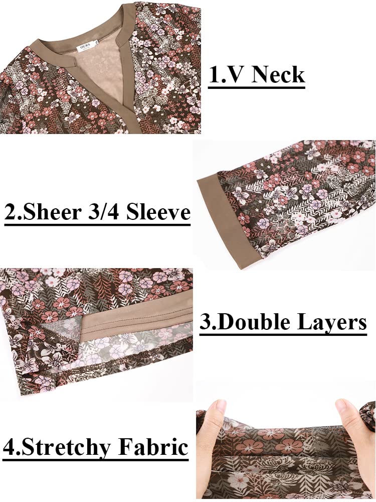 Supnier Women's 3/4 Sleeve V-Neck Floral Print Mesh Blouse - Loose Fit Tunic Top for Casual Wear, Office & Date Night Outfits