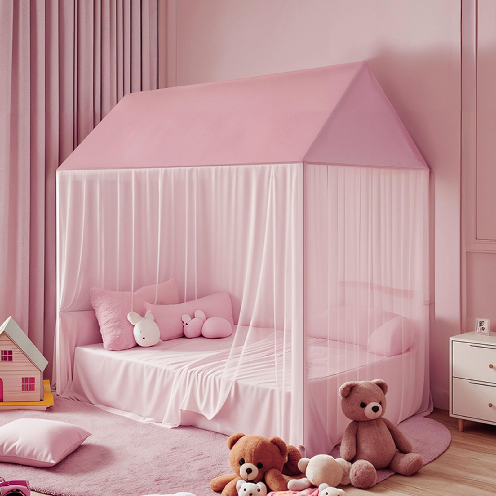 **Pink Princess Bed Canopy for Girls - Twin Size Dreamy Castle Play Tent with Mosquito Net, Breathable Canopy Bed Curtains for Reading Nook & Playhouse (Perfect for Bedroom Decor, Sleepovers & Imaginative Play)**