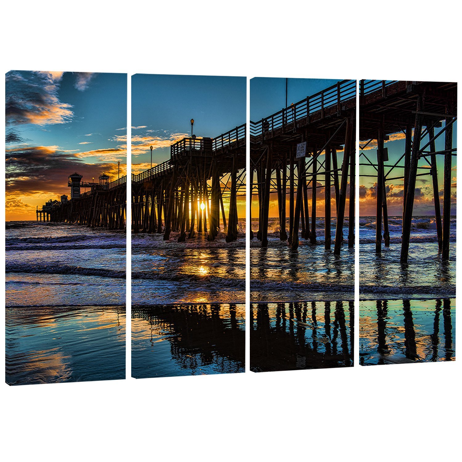 Designart Oceanside Pier at Evening - Coastal Landscape Metal Wall Art - 4 Panel Set (48x28 Inches) - Modern Home & Office Decor - Perfect for Living Room, Bedroom, or Beach House