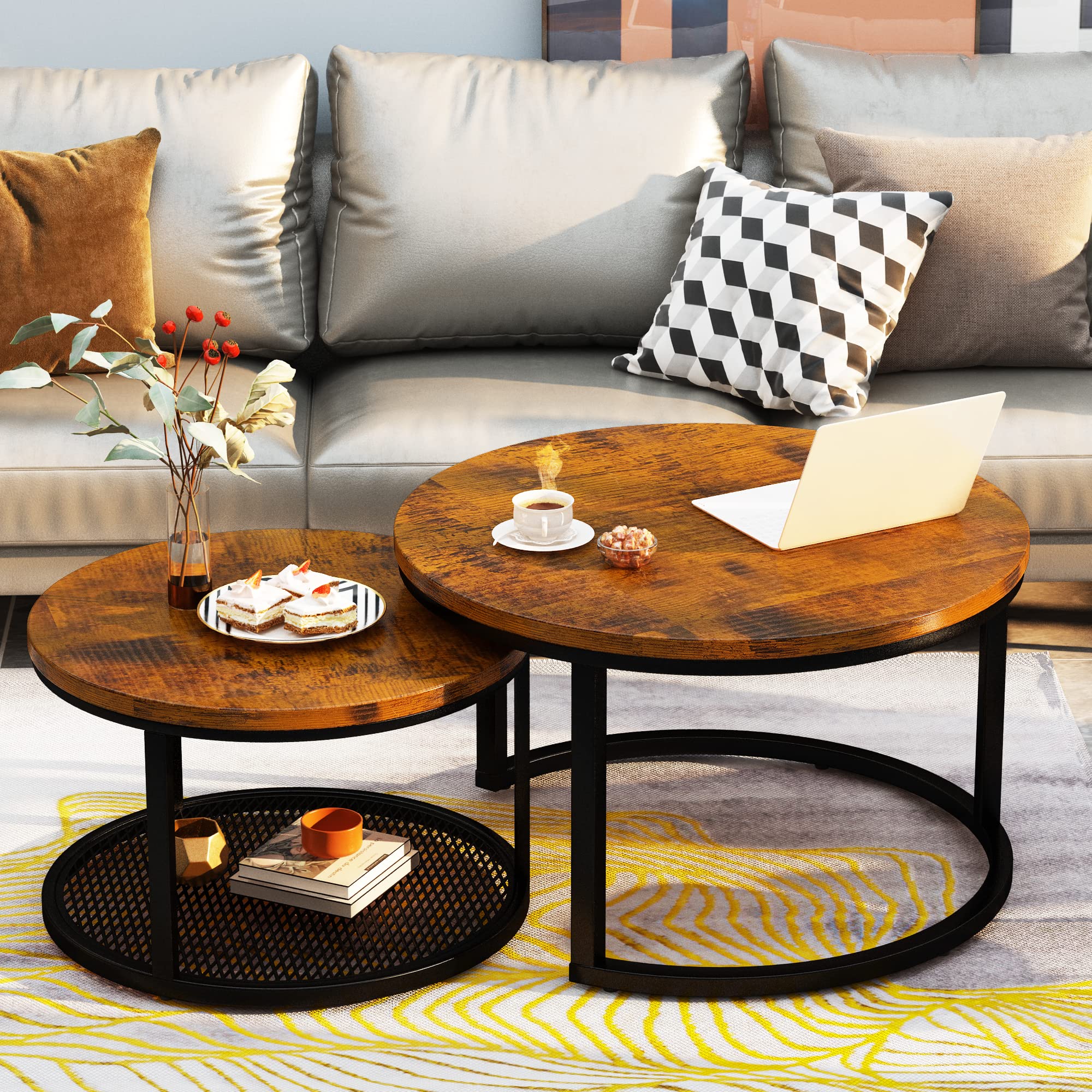 Lamerge 2-Piece Nesting Coffee Table Set - Round Rustic Brown Living Room Tables (29