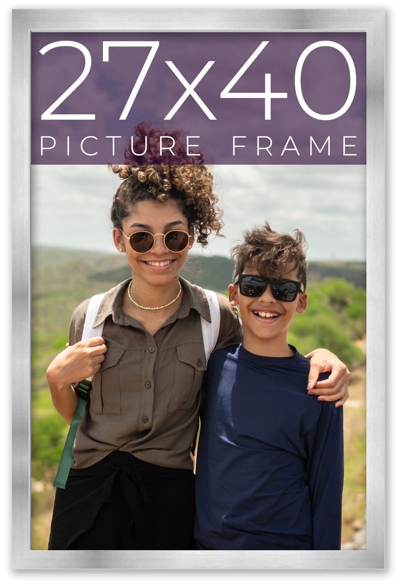 27x40 Silver Real Wood Picture Frame - 0.75 Inch Width | Premium Movie Poster Frame with UV Acrylic & Foam Backing | Modern Stainless Steel Photo Display for Home Theater, Office Decor & Gift Giving