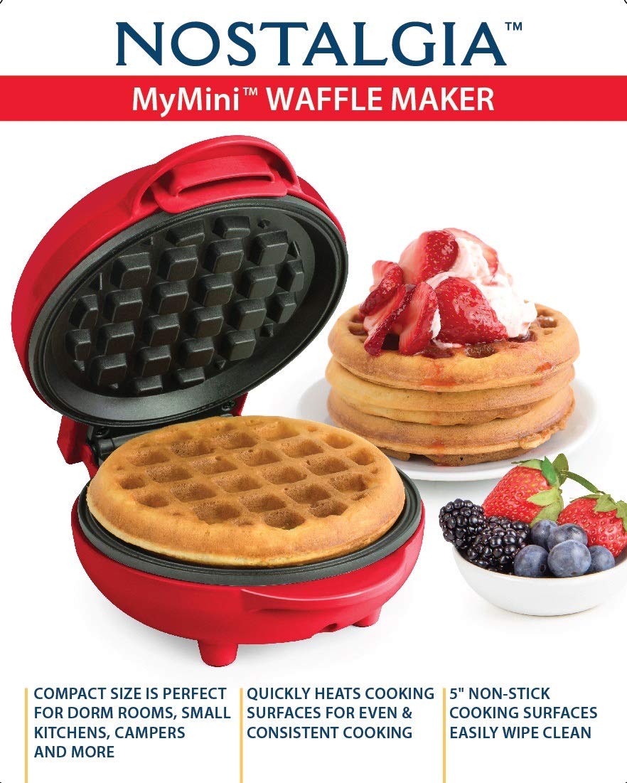 Nostalgia MWF5AQ MyMini Personal Electric Waffle Maker - Make Waffles, Hash Browns, French Toast, Grilled Cheese, Quesadillas, Brownies & Cookies - Compact Red Appliance for Breakfast, Snacks & Desserts at Home, Dorm or Office