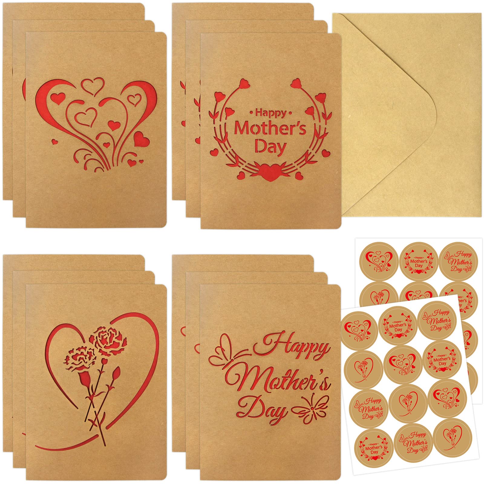 12 PCS Happy Mother's Day Kraft Cards with Envelopes & Stickers - Die Cut Greeting Cards for Mom - Perfect Mother's Day Gifts for Wife, Grandma & Special Women (Use for Handwritten Notes, Party Favors & Keepsakes)