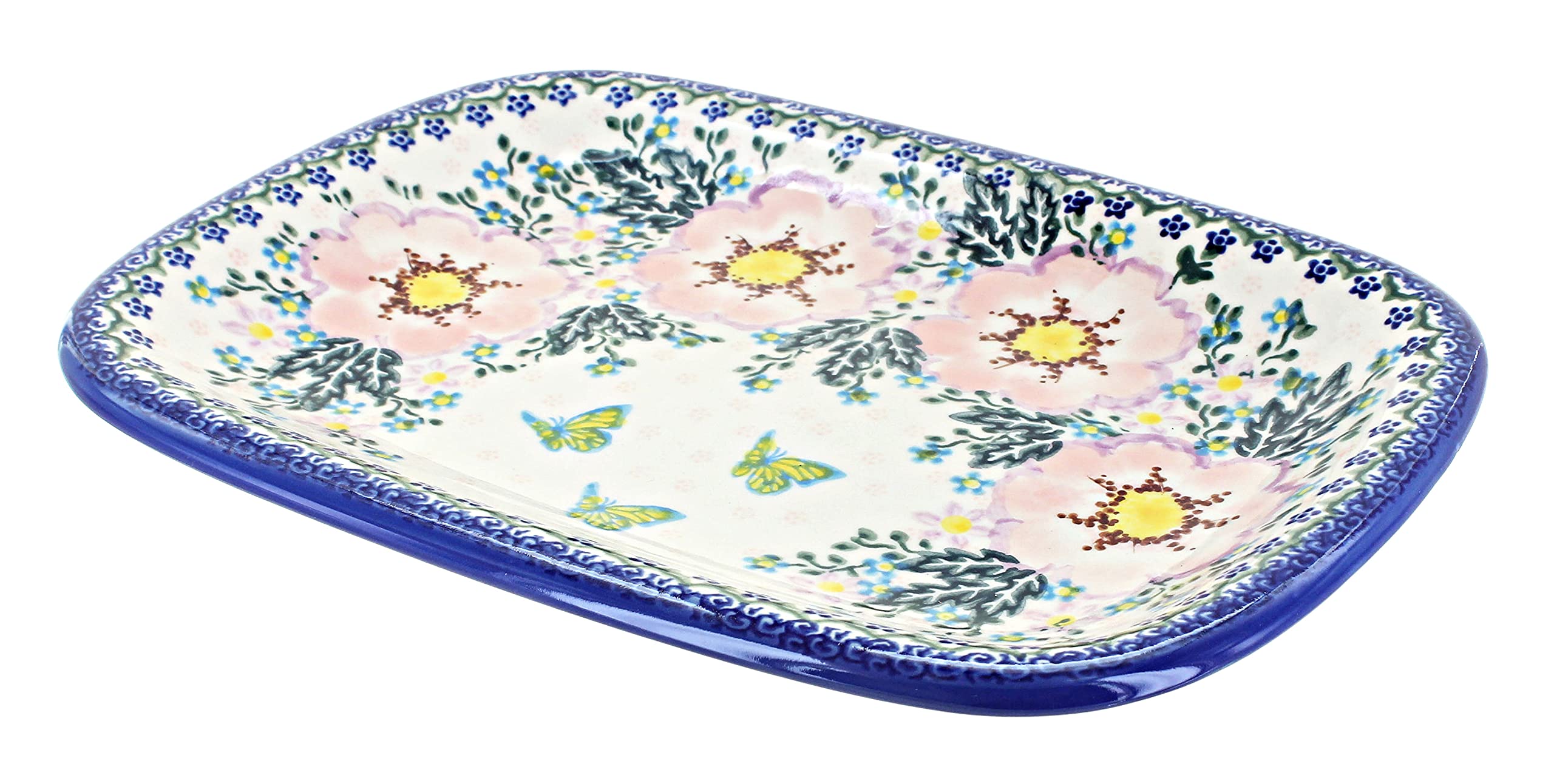 Handmade Blue Rose Polish Pottery Apple Blossom Medium Rectangular Serving Platter - Elegant Floral Design for Dining, Entertaining & Home Decor