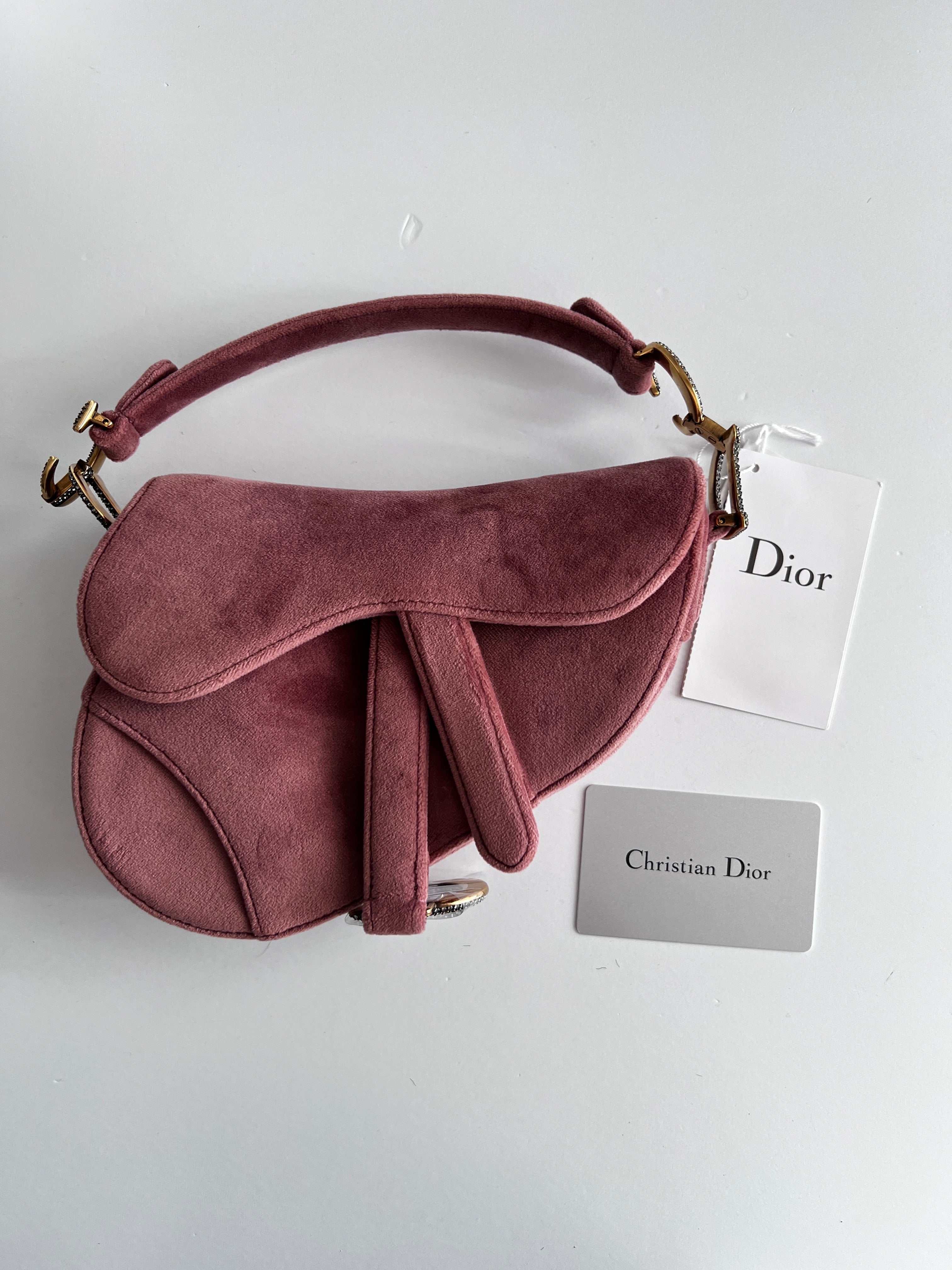 Dior Mini Rose Pink Velvet Saddle Bag - Luxury Crossbody Purse for Women, Perfect for Date Night & Evening Events