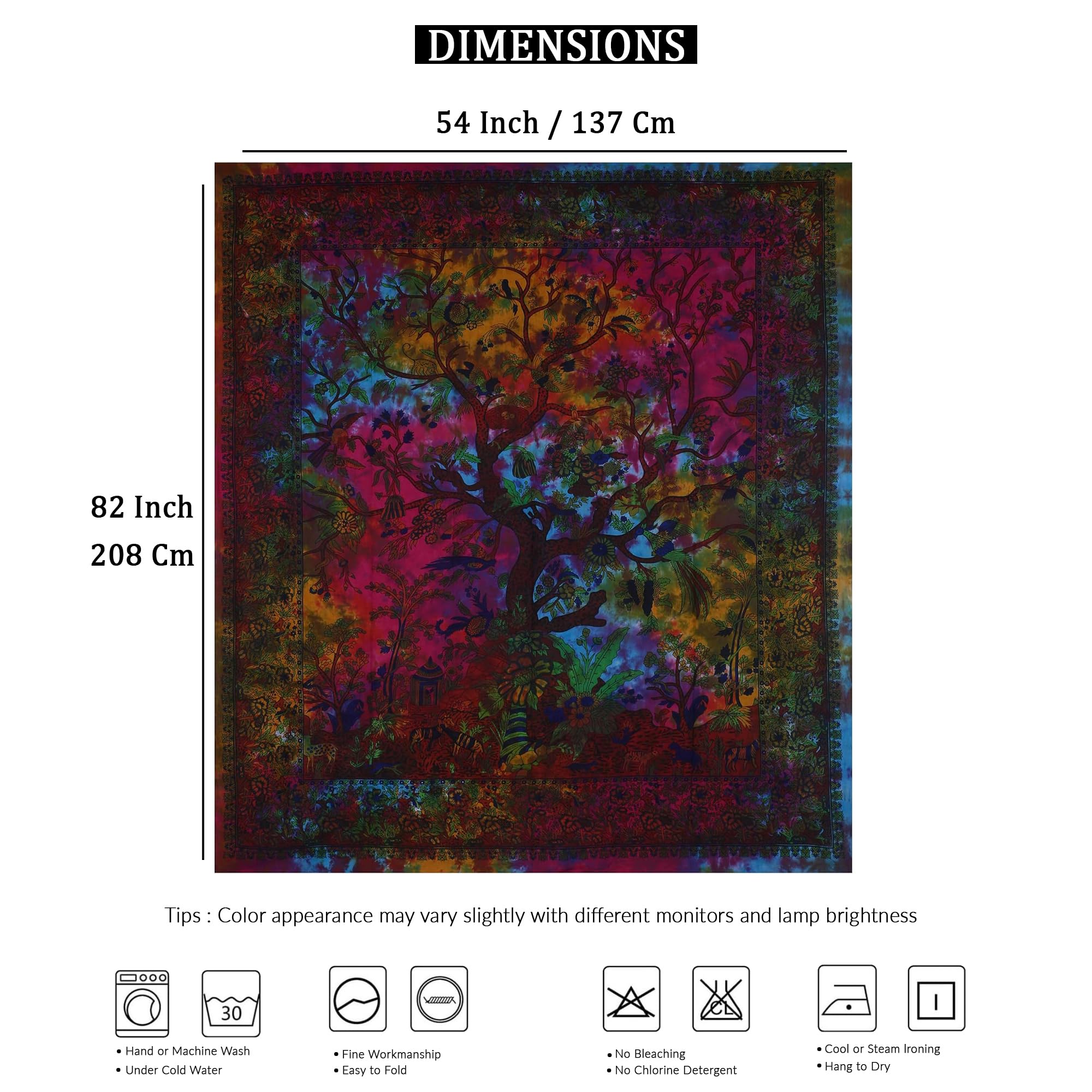 Rainbow Tree of Life Tapestry - Psychedelic Wall Hanging & Bedspread for Hippie Décor (82x54