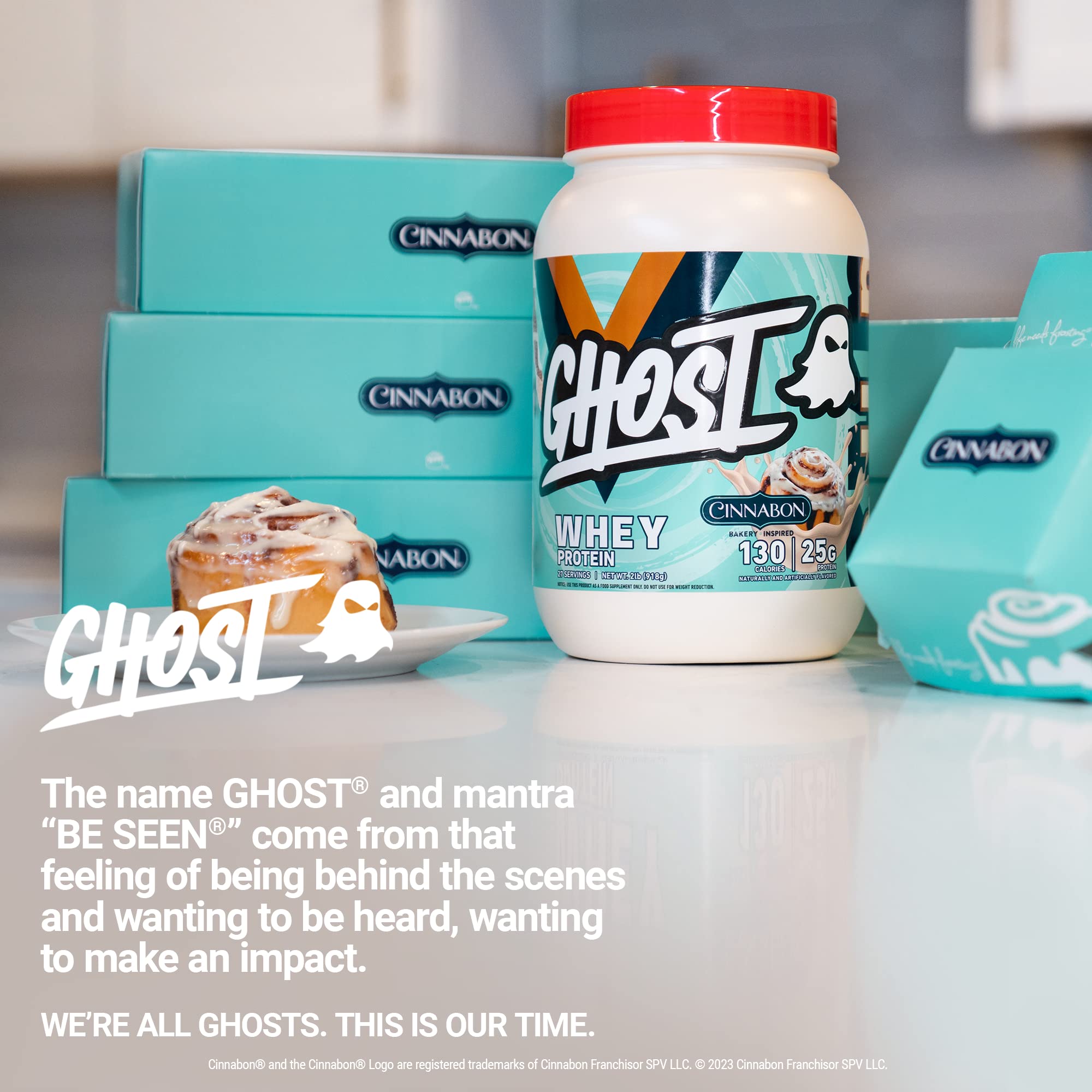 GHOST Whey Protein Powder - Cinnabon Flavor, 2LB Tub, 25G Protein per Serving | Cinnamon Roll Flavored Whey Protein Isolate, Concentrate & Hydrolyzed Blend | Post Workout Recovery, Muscle Building | Soy Free, Gluten Free | Perfect for Gym Lovers & Fitness Enthusiasts