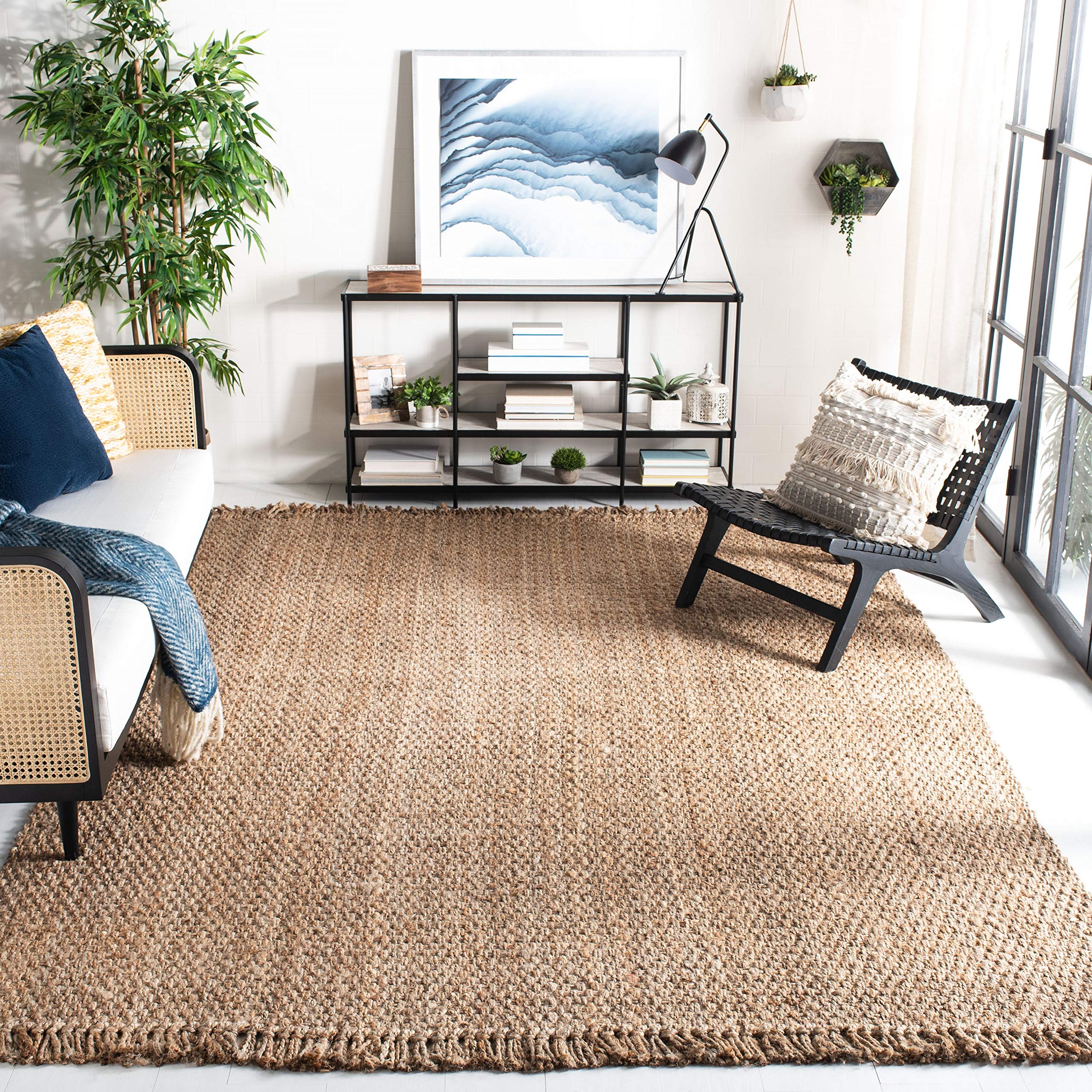 SAFAVIEH Natural Fiber Collection 7' Square Handmade Jute Rug with Tassels - NF467A | Eco-Friendly Floor Covering for Living Room, Bedroom & Boho Decor