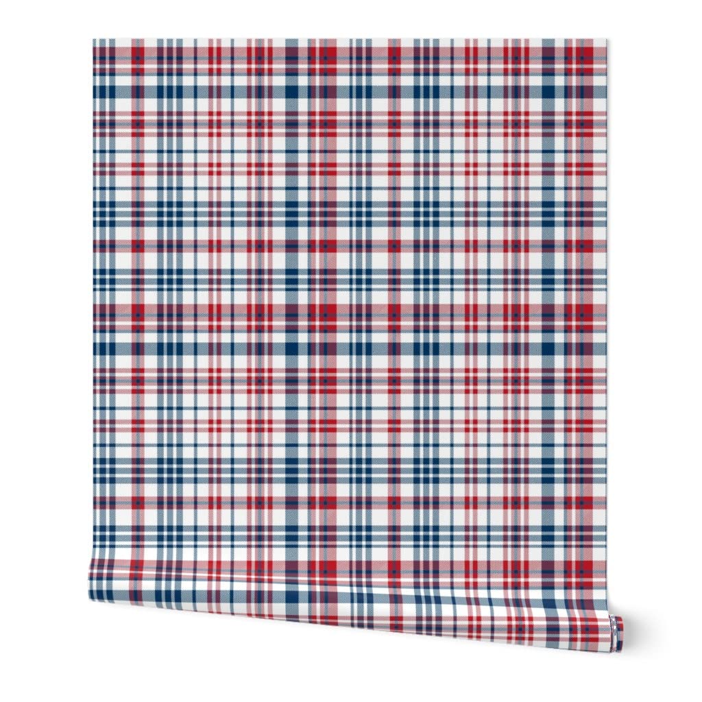 Commercial Grade Spoonflower Wallpaper 27ft x 2ft - Patriotic Plaid Navy Red USA Gingham with Stars & Stripes for July 4th Independence Day Decor | Perfect for Living Room, Bedroom, and Home Office Wall Covering
