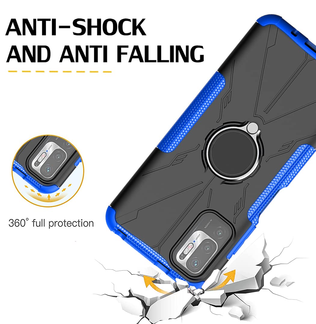 Shockproof Magnetic Kickstand Case for Redmi Note 10 5G/Poco M3 Pro/Redmi Note 10T 5G - Includes Tempered Glass Screen Protector | Perfect for Work, Travel & Everyday Protection (Blue)