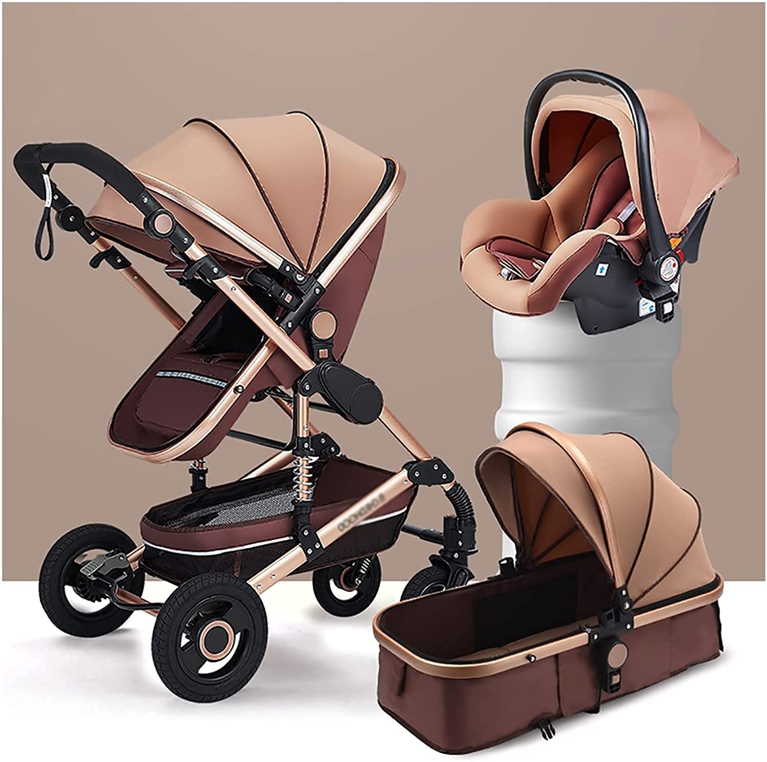 Premium 3-in-1 Foldable Luxury Baby Stroller with Anti-Shock Springs & High View Design - Includes Baby Basket for Newborns & Toddlers (Gold) | Perfect for City Walks, Shopping Trips & Family Outings